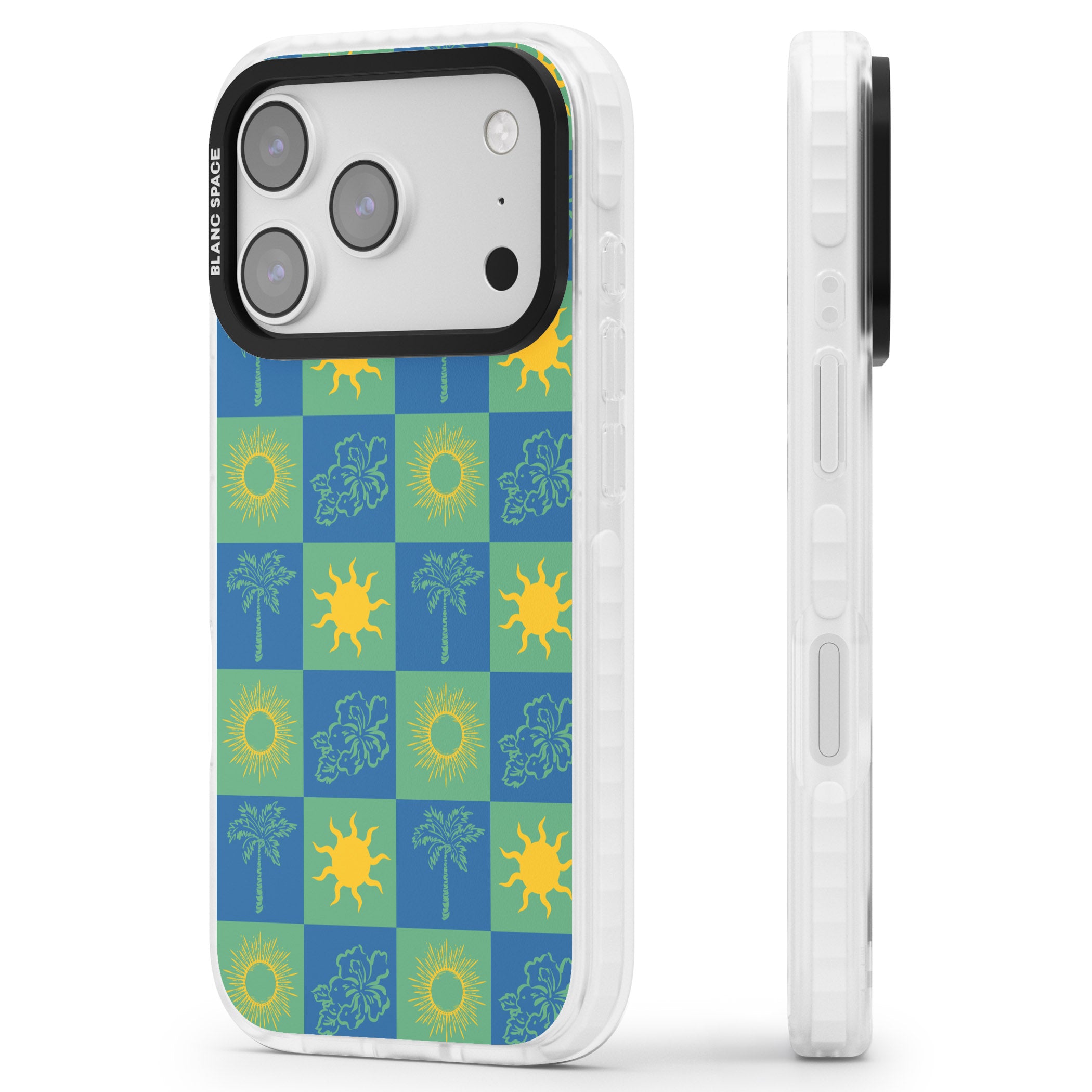 Green & Blue Tropical Checked iPhone 17 Pro Impact Clear Phone Case Side Profile