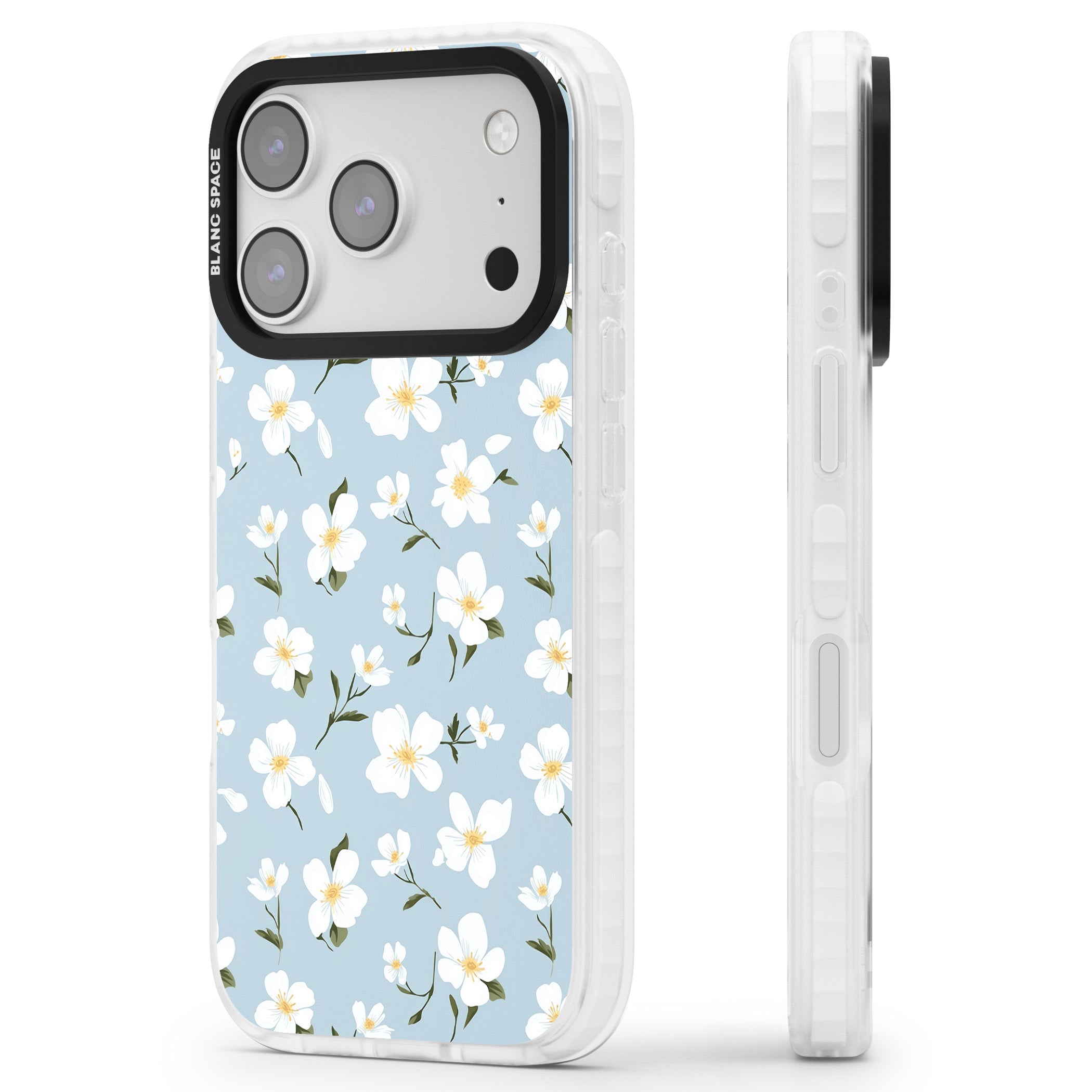 Soft White Blossoms iPhone 17 Pro Impact Clear Phone Case Side Profile