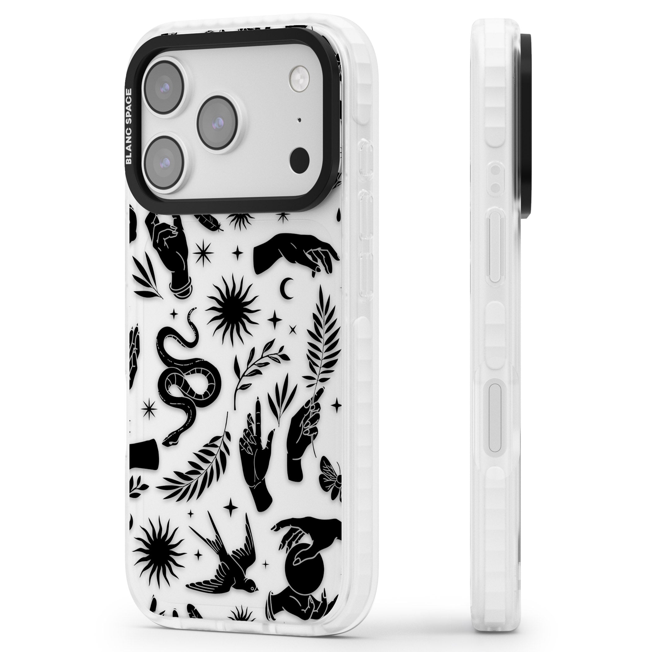 Celestial Pattern (Black) iPhone 17 Pro Impact Clear Phone Case Side Profile