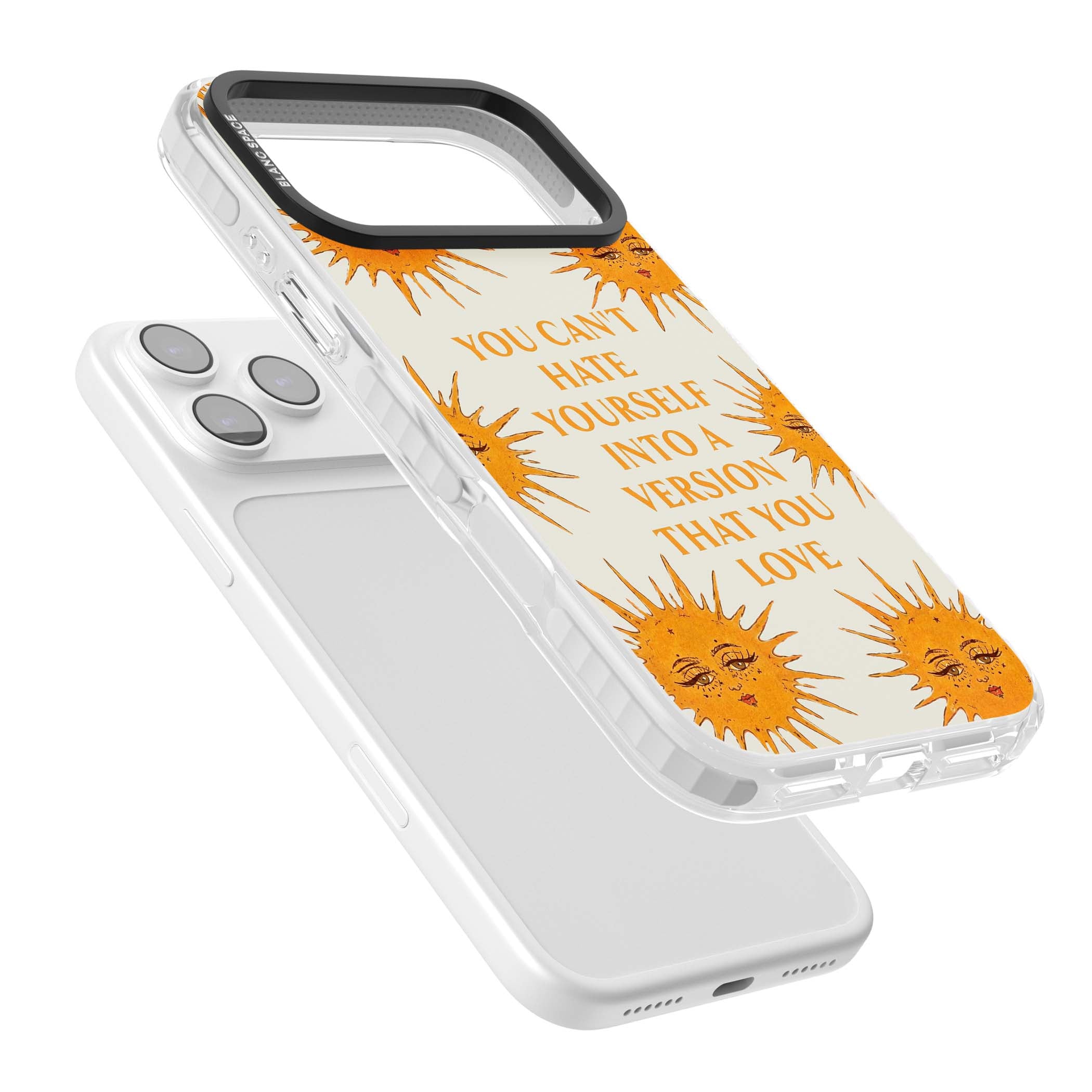 Don't Hate Yourself celestial iPhone case featuring vintage sun faces, ochre rays and a self-love quote | Black Impact case for iPhone 17 Pro, iPhone 17 Pro Max