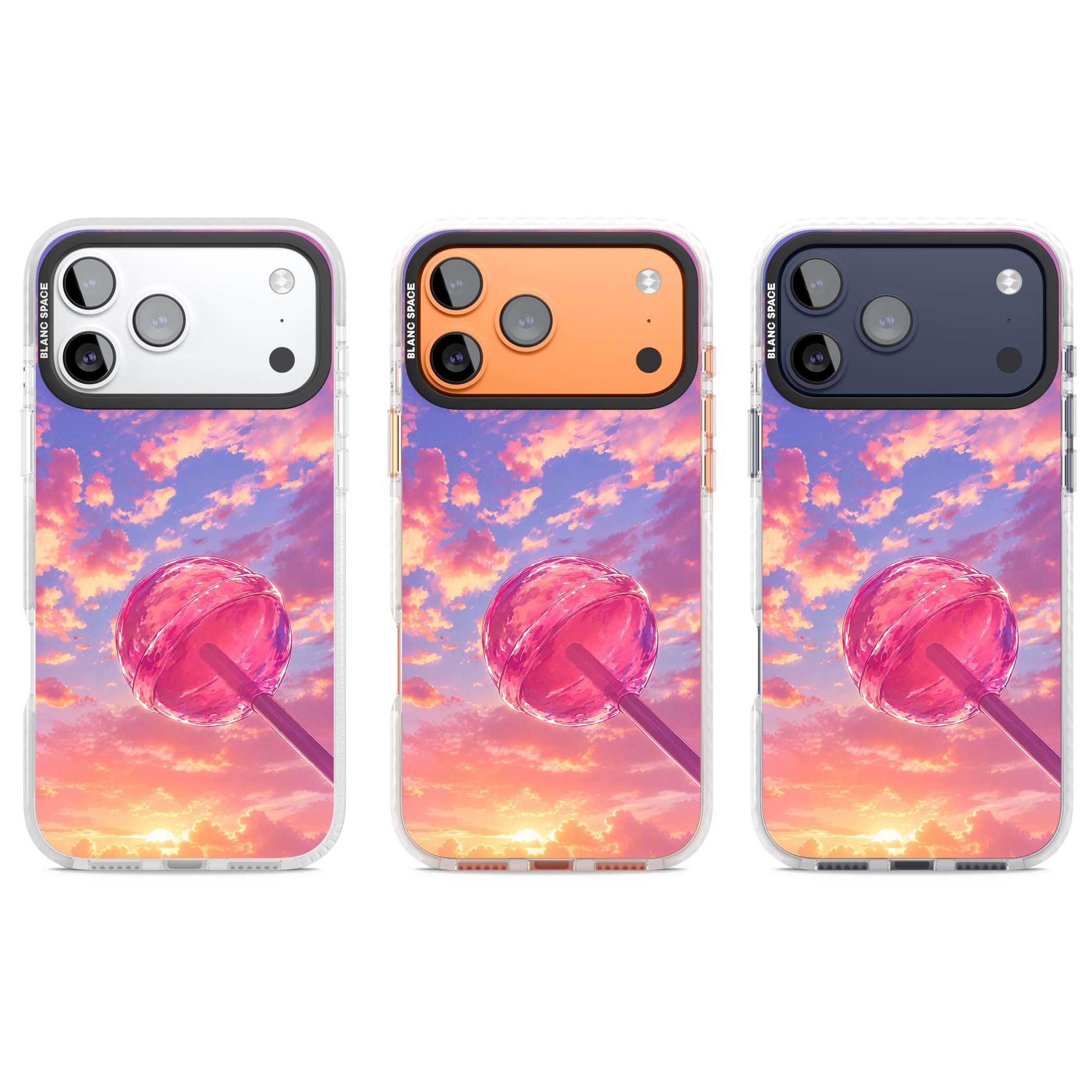 Sugar Sunset candy aesthetic iPhone case featuring a pink lollipop, pastel sunset sky and dreamy clouds | Black Impact case for iPhone 17 Pro, iPhone 17 Pro Max
