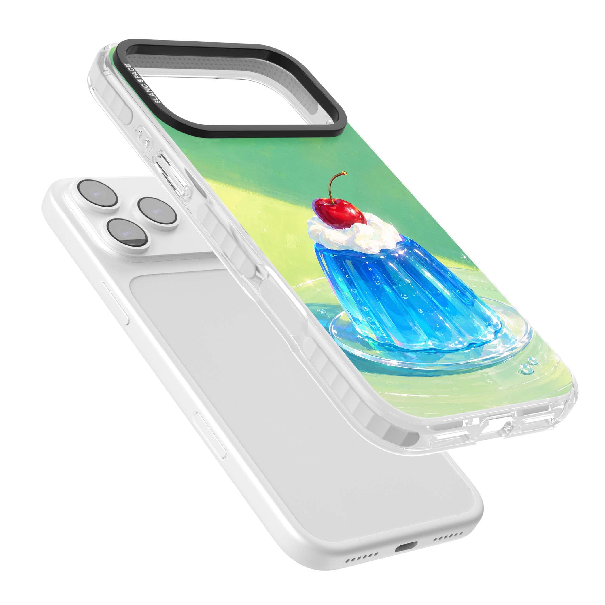 Cherry Jelly kawaii dessert iPhone case featuring blue jelly pudding, whipped cream and a red cherry | Black Impact case for iPhone 17 Pro, iPhone 17 Pro Max