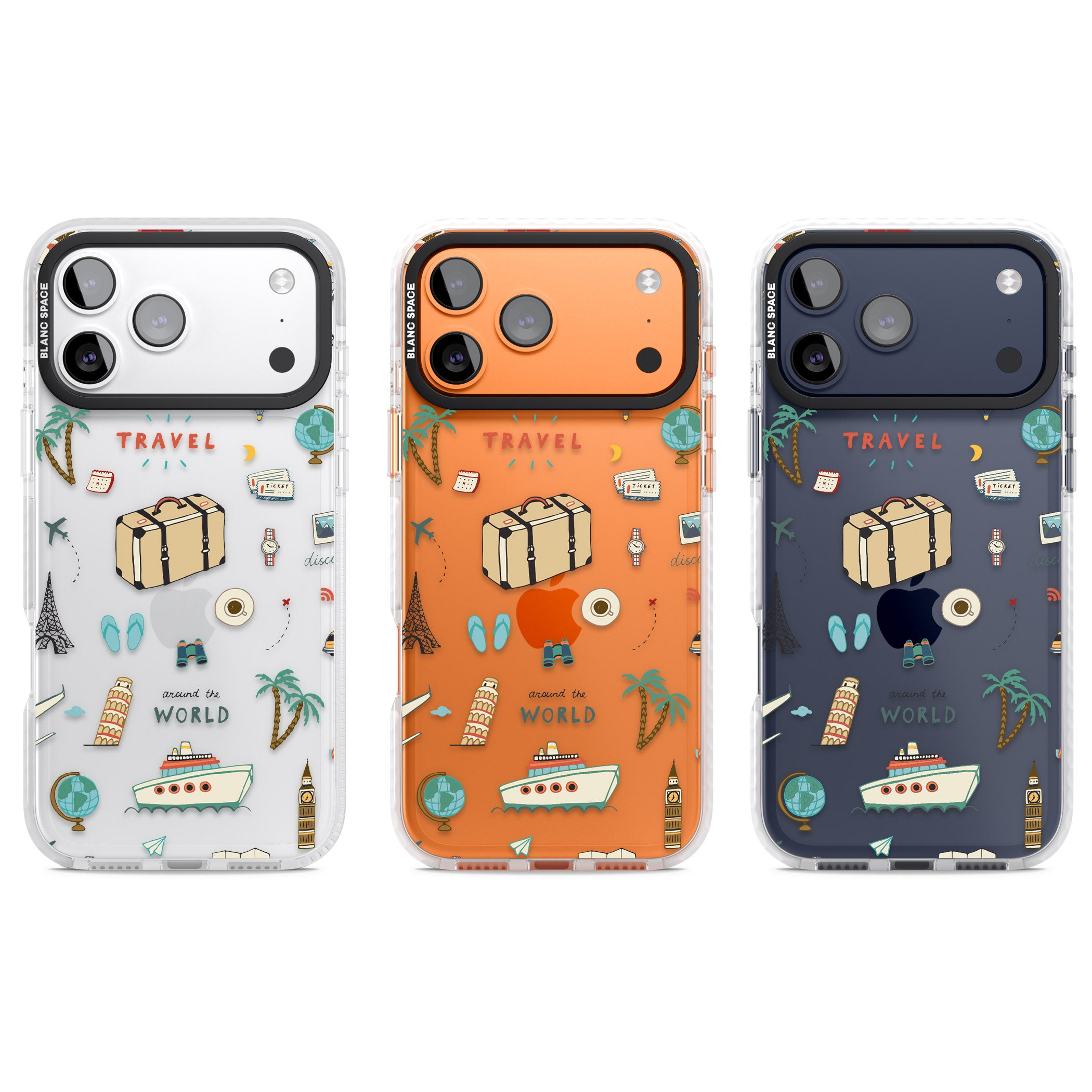 Cute Travel Pattern Transparent iPhone 17 Pro Impact Clear Phone Case APT Impact Protection