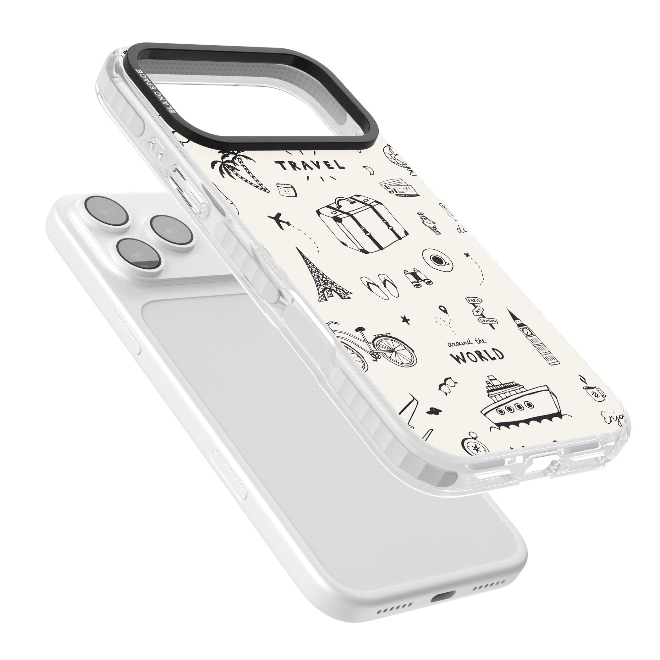 Cute Travel Pattern, White On iPhone 17 Pro Impact Clear Phone Case Colours