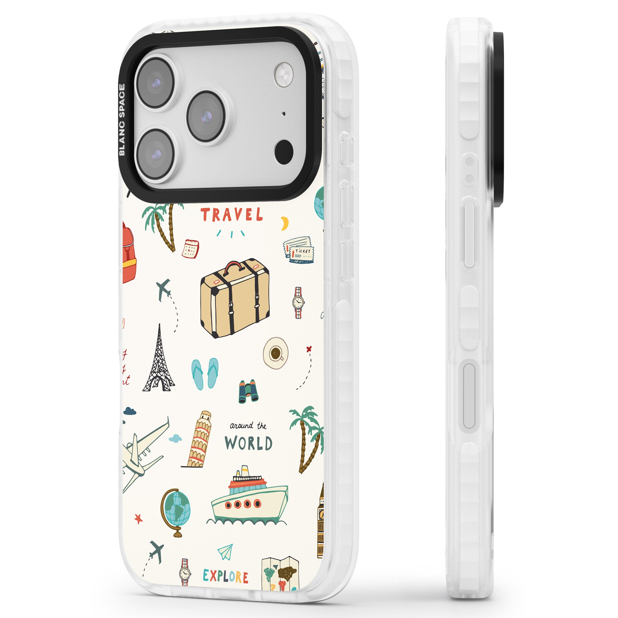 Cute Travel Pattern Cream iPhone 17 Pro Impact Clear Phone Case Side Profile