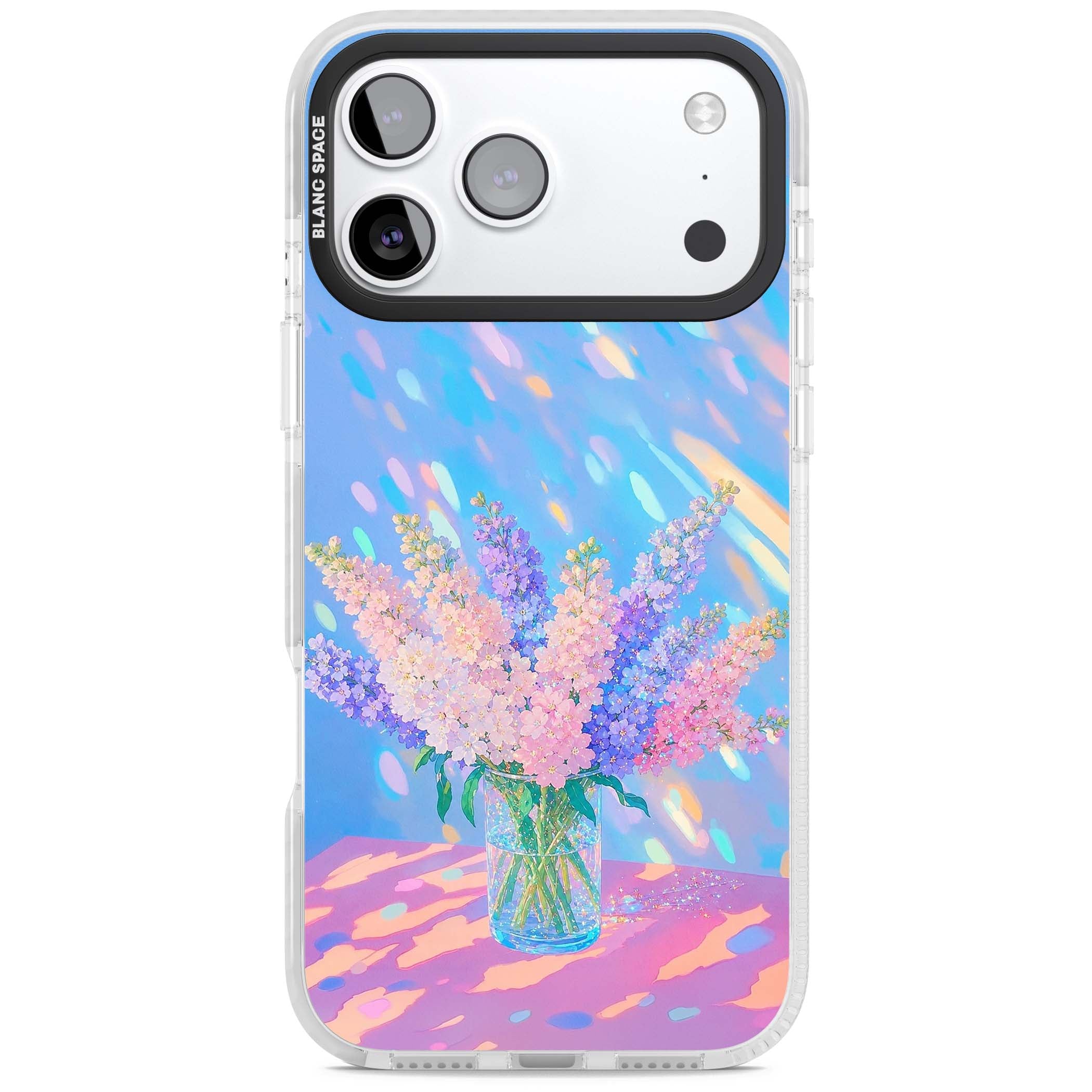Bubblegum Flowers floral iPhone case featuring pastel lilac and pink bouquet in a glass vase with iridescent light | Black Impact case for iPhone 17 Pro, iPhone 17 Pro Max