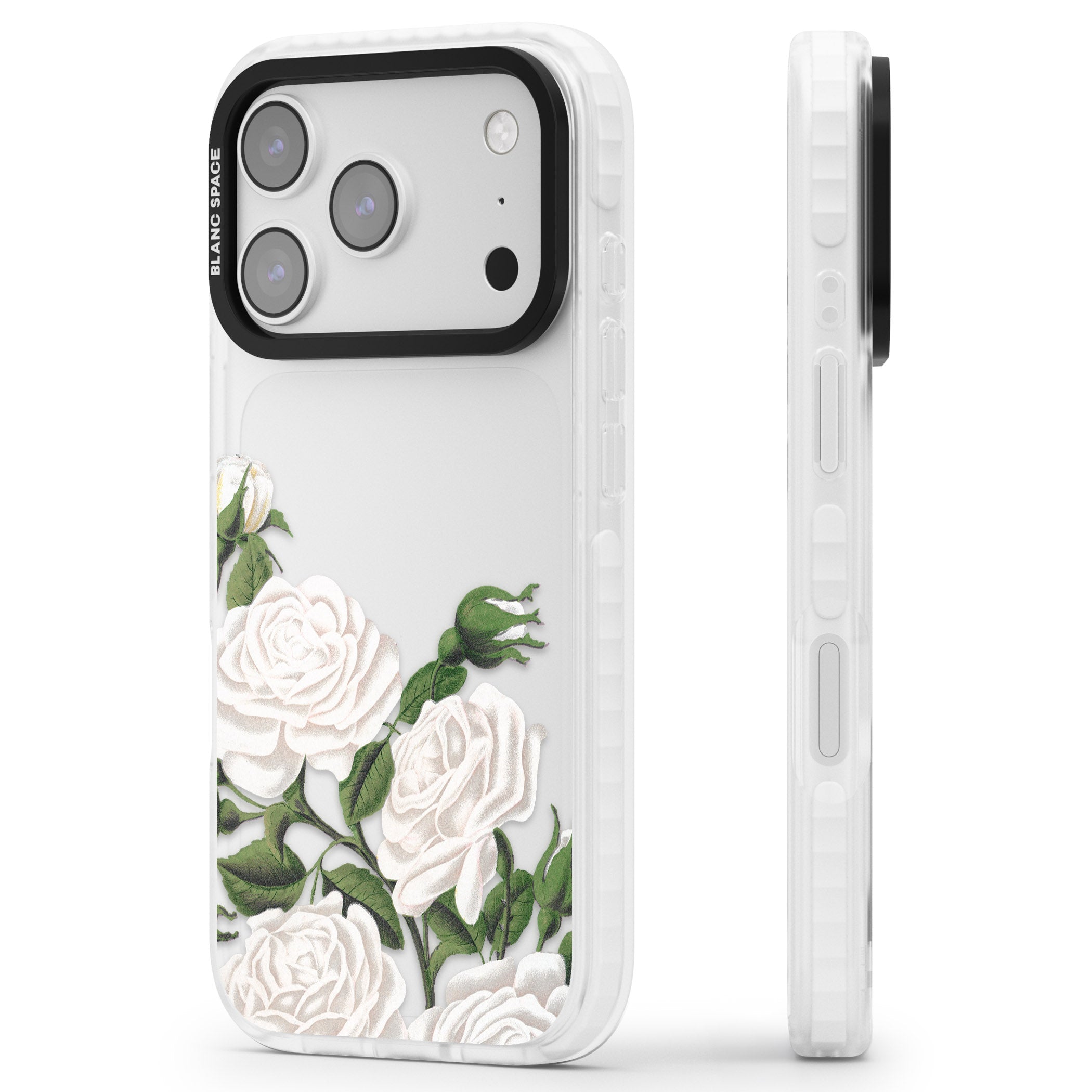 White Vintage Painted Flowers iPhone 17 Pro Max Impact Clear Phone Case Side Profile