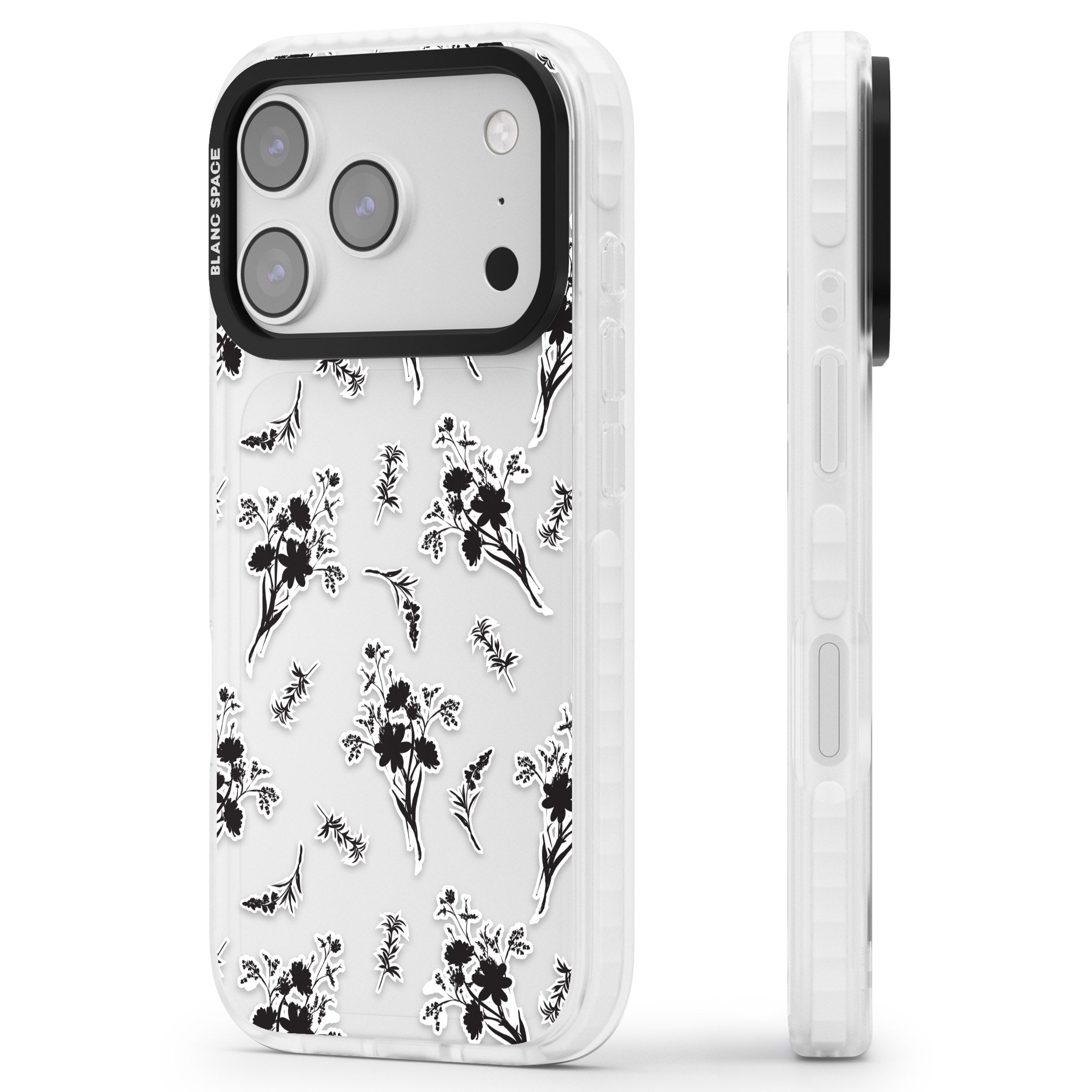 Black Sticker Wildflowers iPhone 17 Pro Impact Clear Phone Case Side Profile