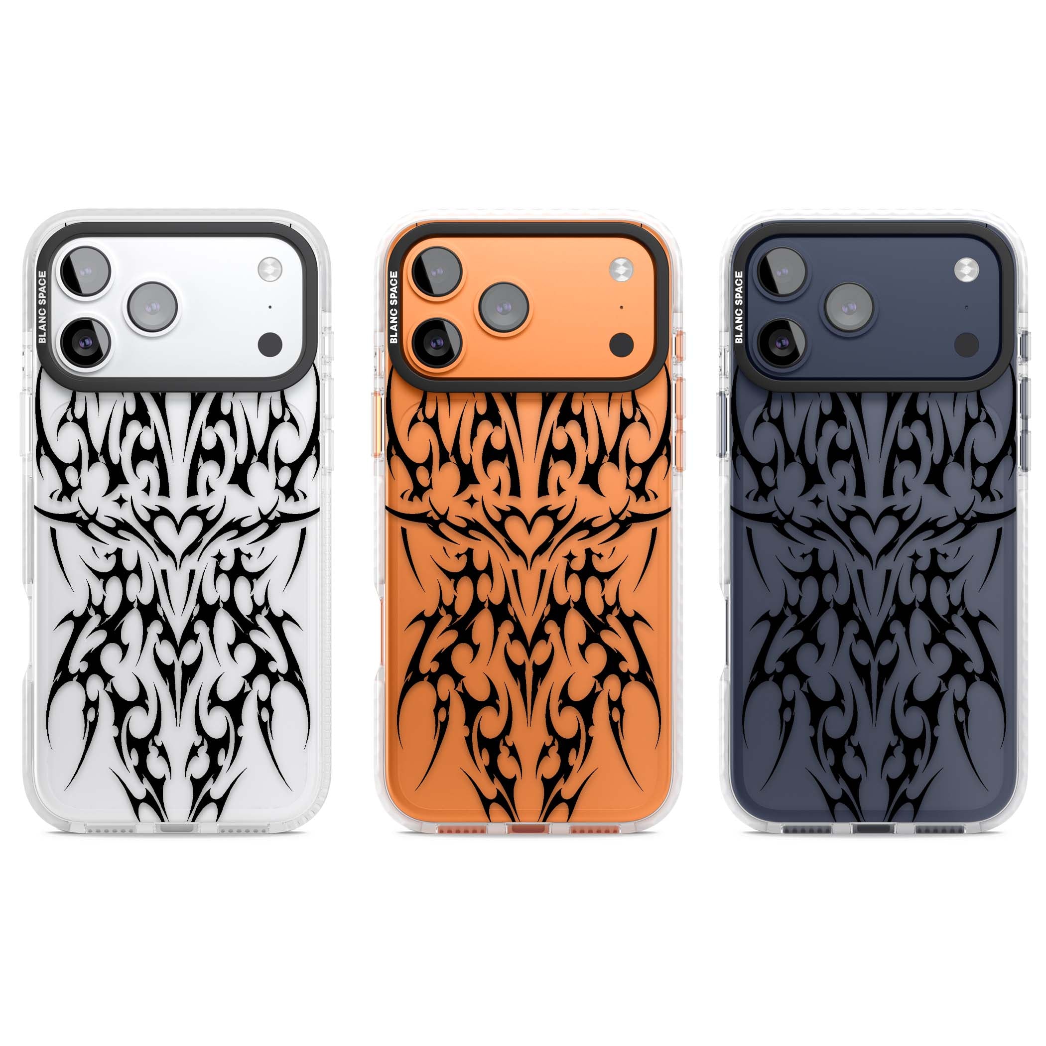 Neo Tribal Heart gothic iPhone case featuring symmetrical black tribal tattoo art with sharp thorn-like linework | Black Impact case for iPhone 17 Pro, iPhone 17 Pro Max