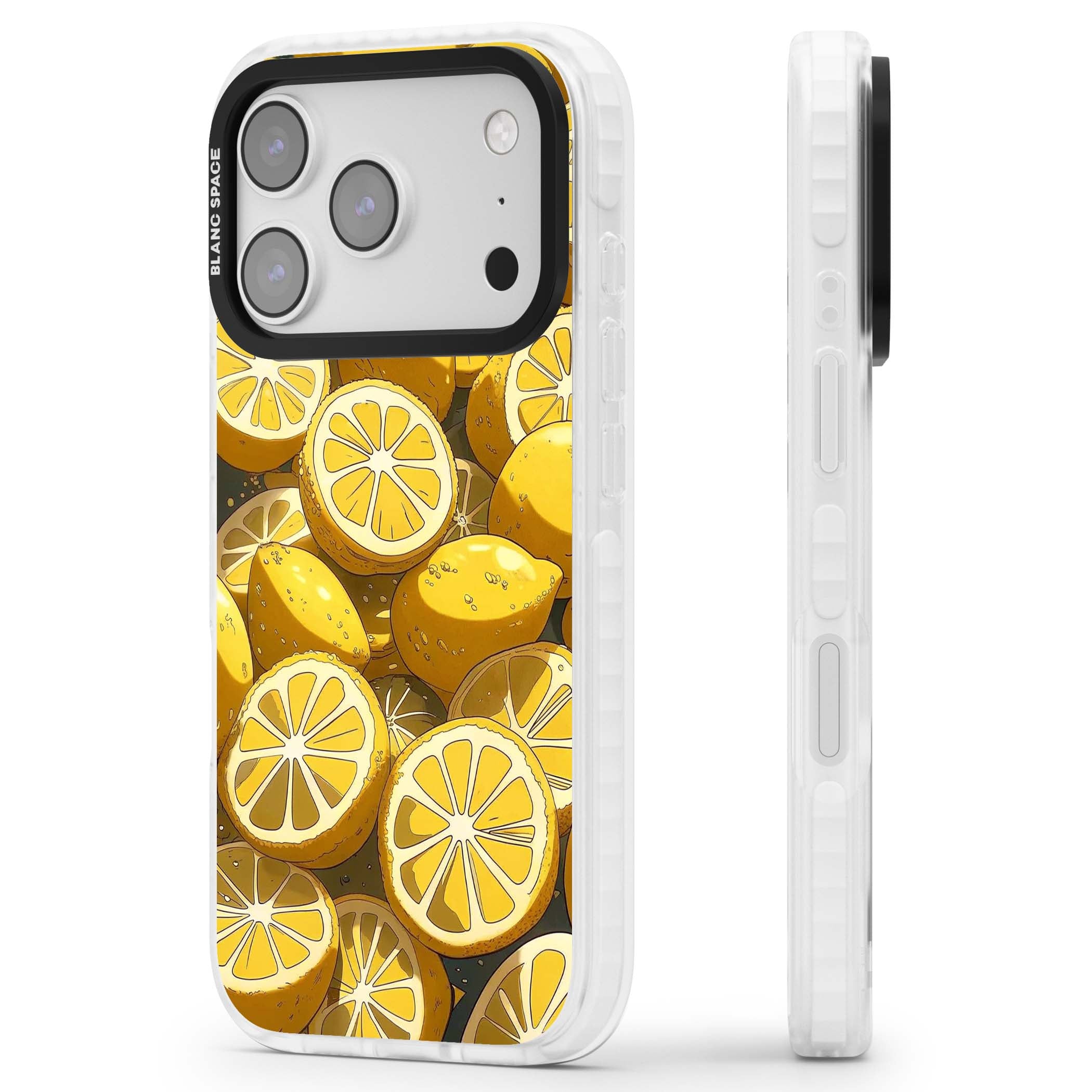 Zesty coastal iPhone case featuring illustrated Mediterranean lemons and citrus slices in golden yellow | Black Impact case for iPhone 17 Pro, iPhone 17 Pro Max