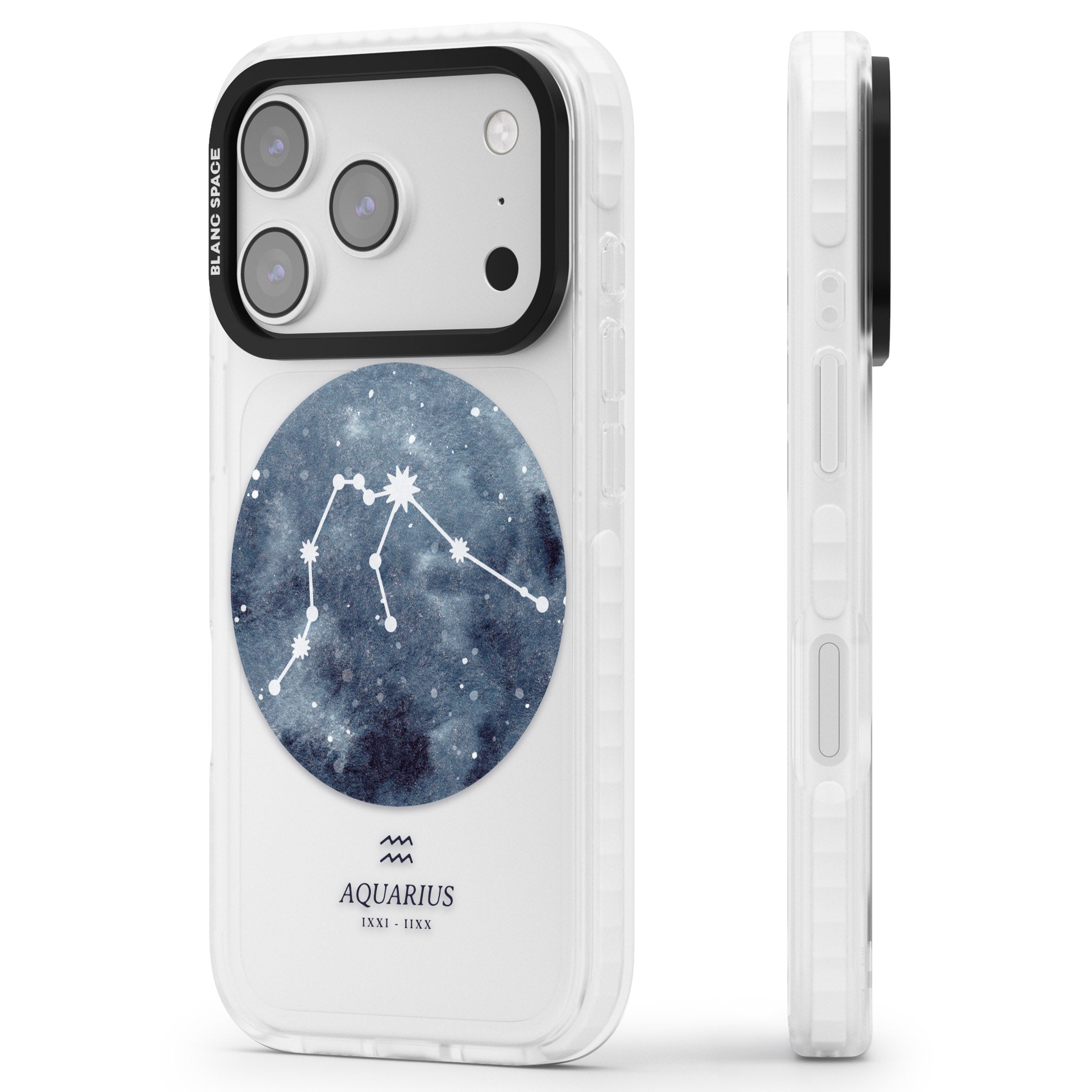 Aquarius Zodiac Blue iPhone 17 Pro Max Impact Clear Phone Case Side Profile