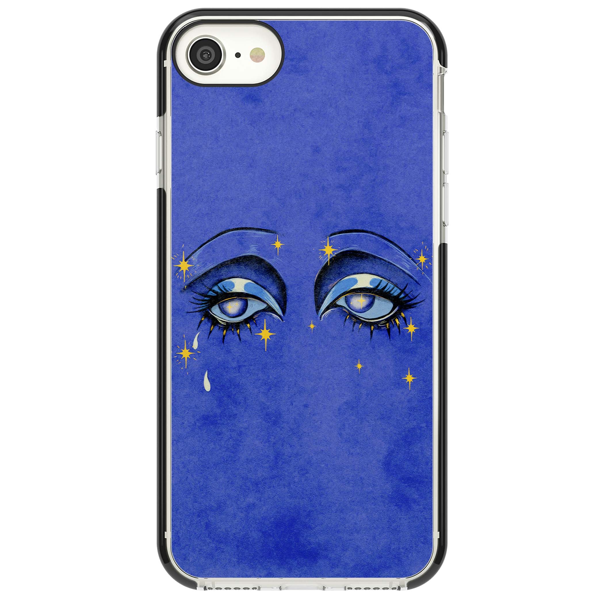 Blue Mystic Eyes celestial iPhone case featuring hand drawn blue mystical eyes, golden stars and a painted tear on indigo | Black Impact case for iPhone SE