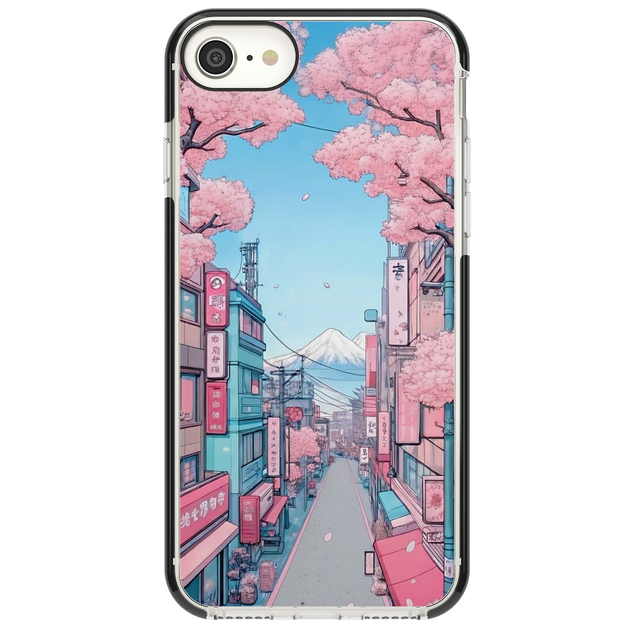 Sakura Lane anime iPhone case featuring Tokyo street scene with cherry blossoms and Mount Fuji | Black Impact case for iPhone SE