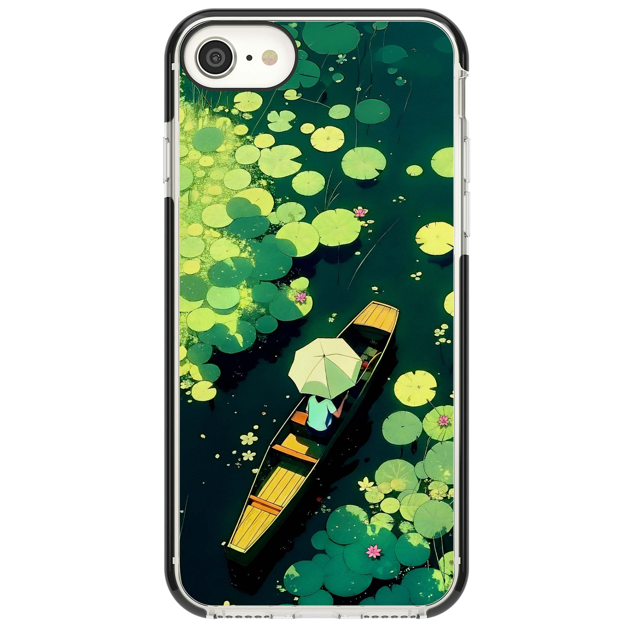 Jade Waters cottagecore iPhone case featuring a painted lily pond, wooden boat with parasol and floating water lilies | Black Impact case for iPhone SE
