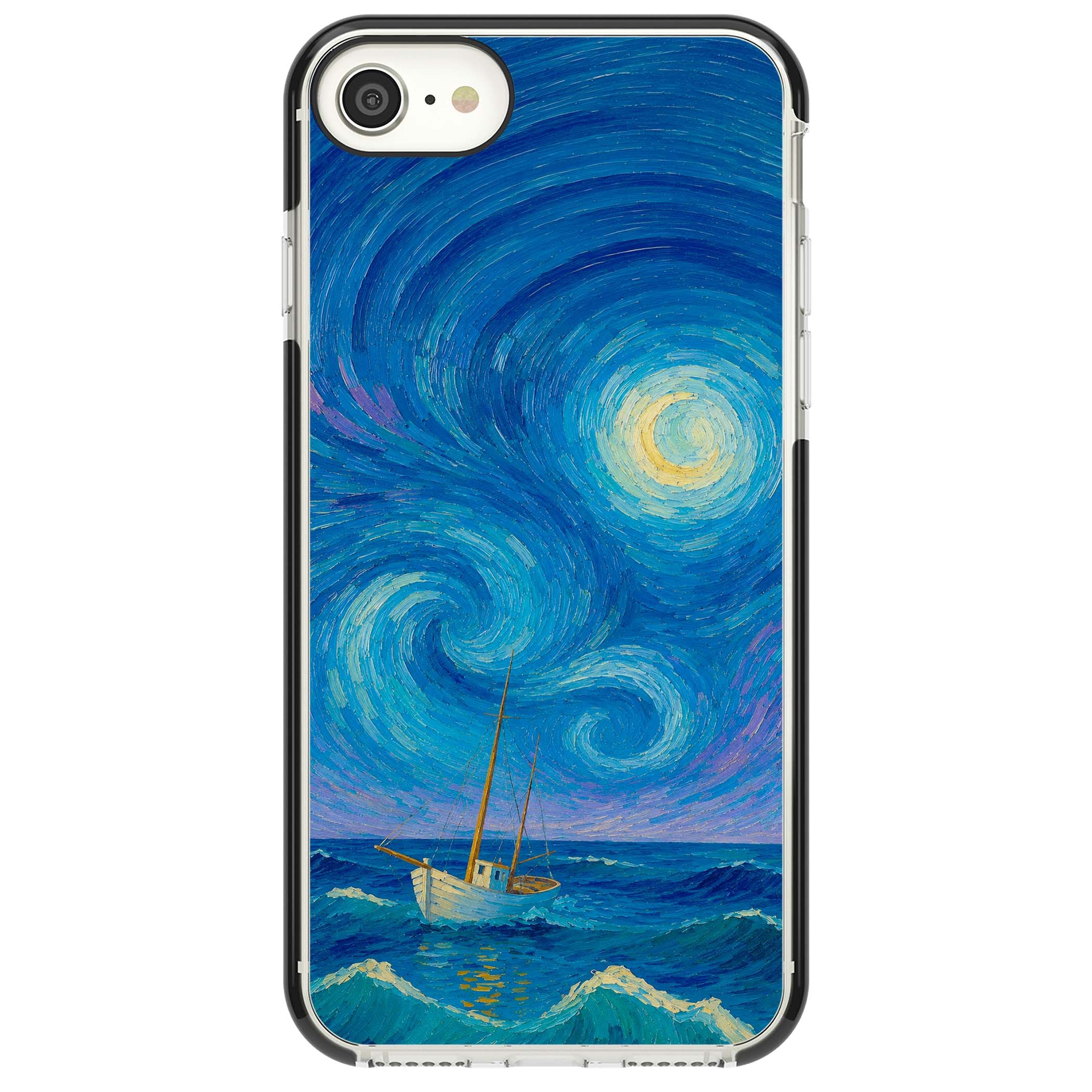 Moonlit Tide Van Gogh art iPhone case featuring swirling starry night sky, glowing moon and lone sailing boat at sea | Black Impact case for iPhone SE