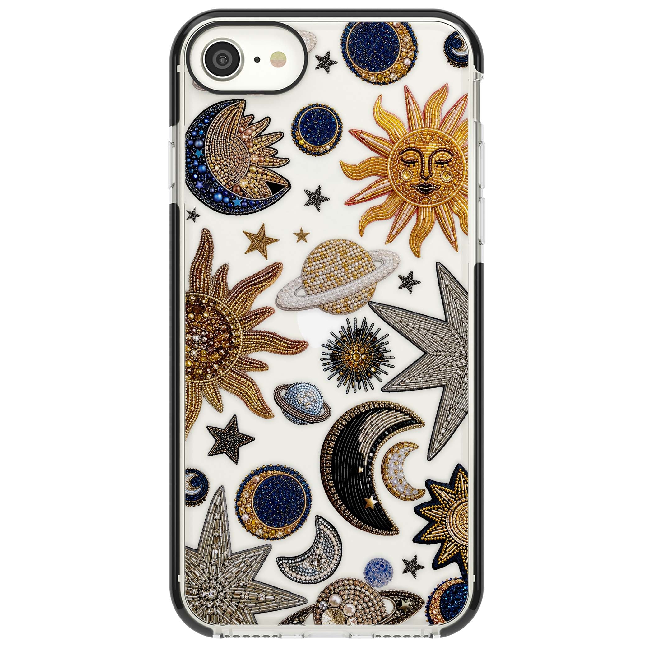 Beaded Cosmos celestial iPhone case featuring embroidered golden suns, beaded planets and silver shooting stars | Black Impact case for iPhone SE
