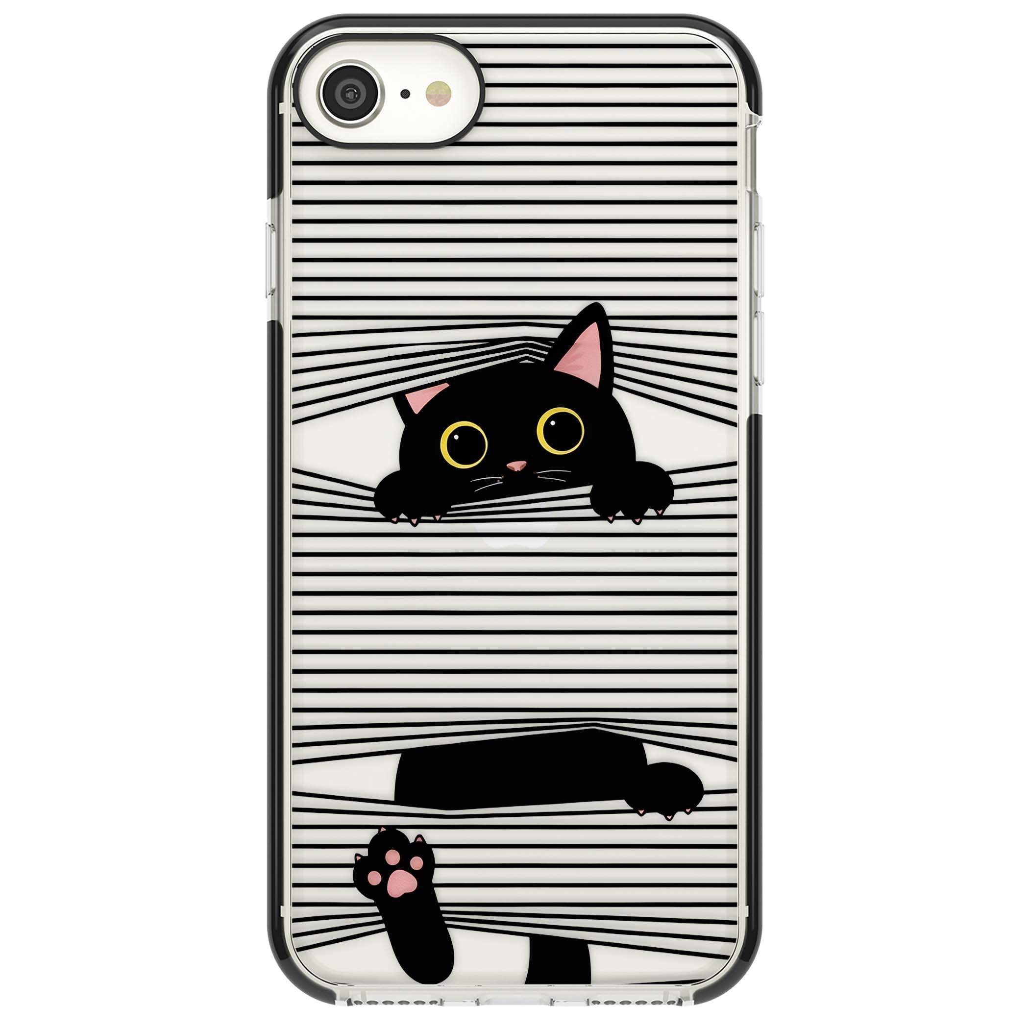 Peek-a-Boo Cat minimal iPhone case featuring black cat peeking through horizontal black and white stripes | Black Impact case for iPhone SE
