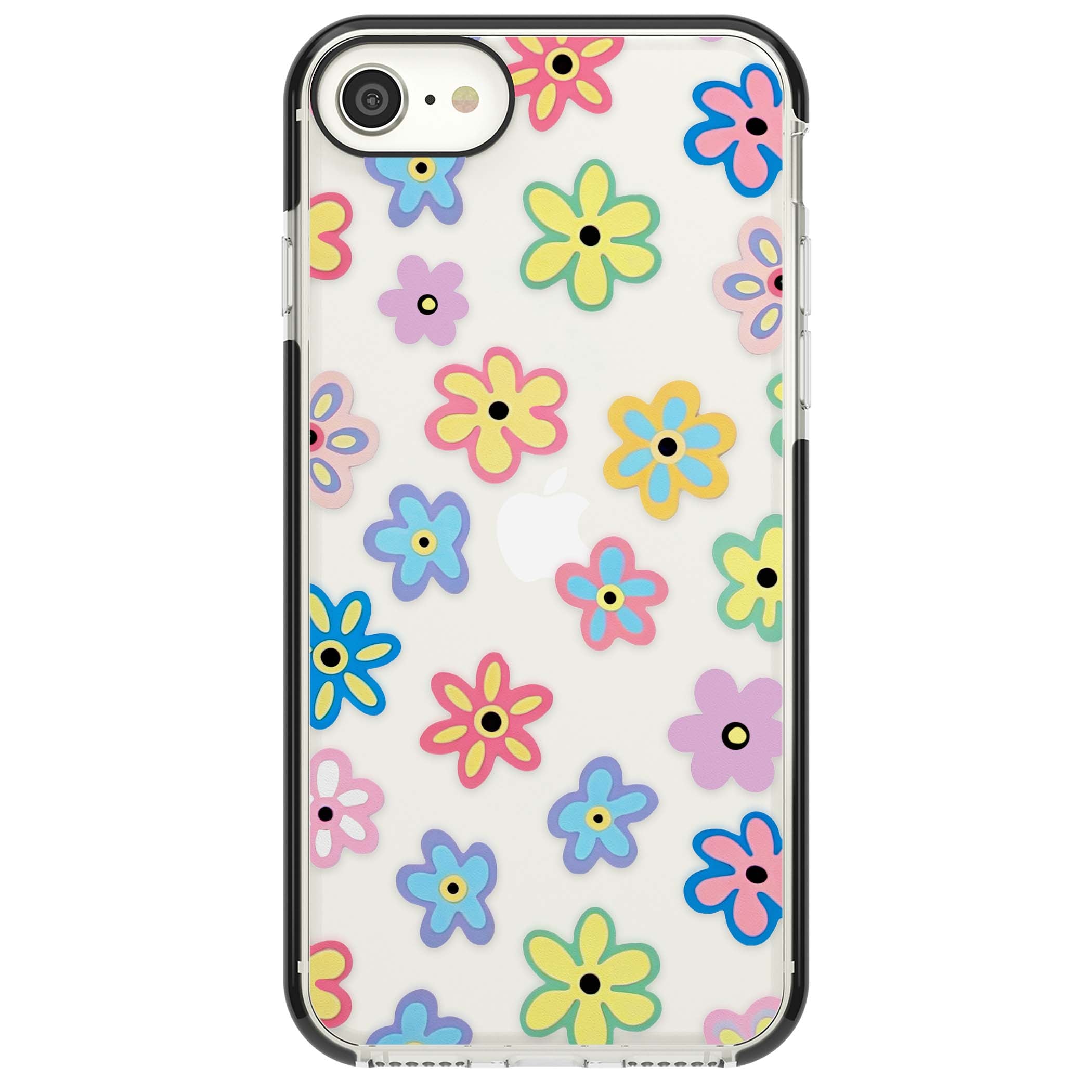 Bloom Pop cottagecore iPhone case featuring multicolor pastel flowers with black centers on clear background | Black Impact case for iPhone SE