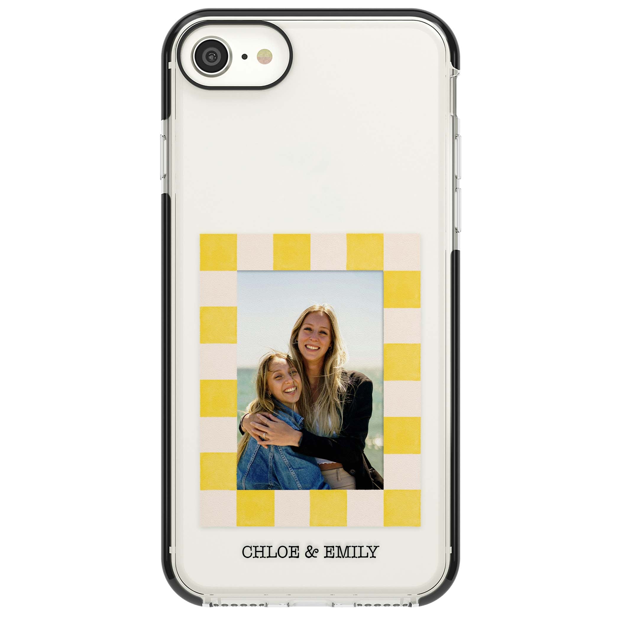 Yellow Check Photo personalised iPhone case with yellow checkered Polaroid frame and custom names beneath | Black Impact case for iPhone SE