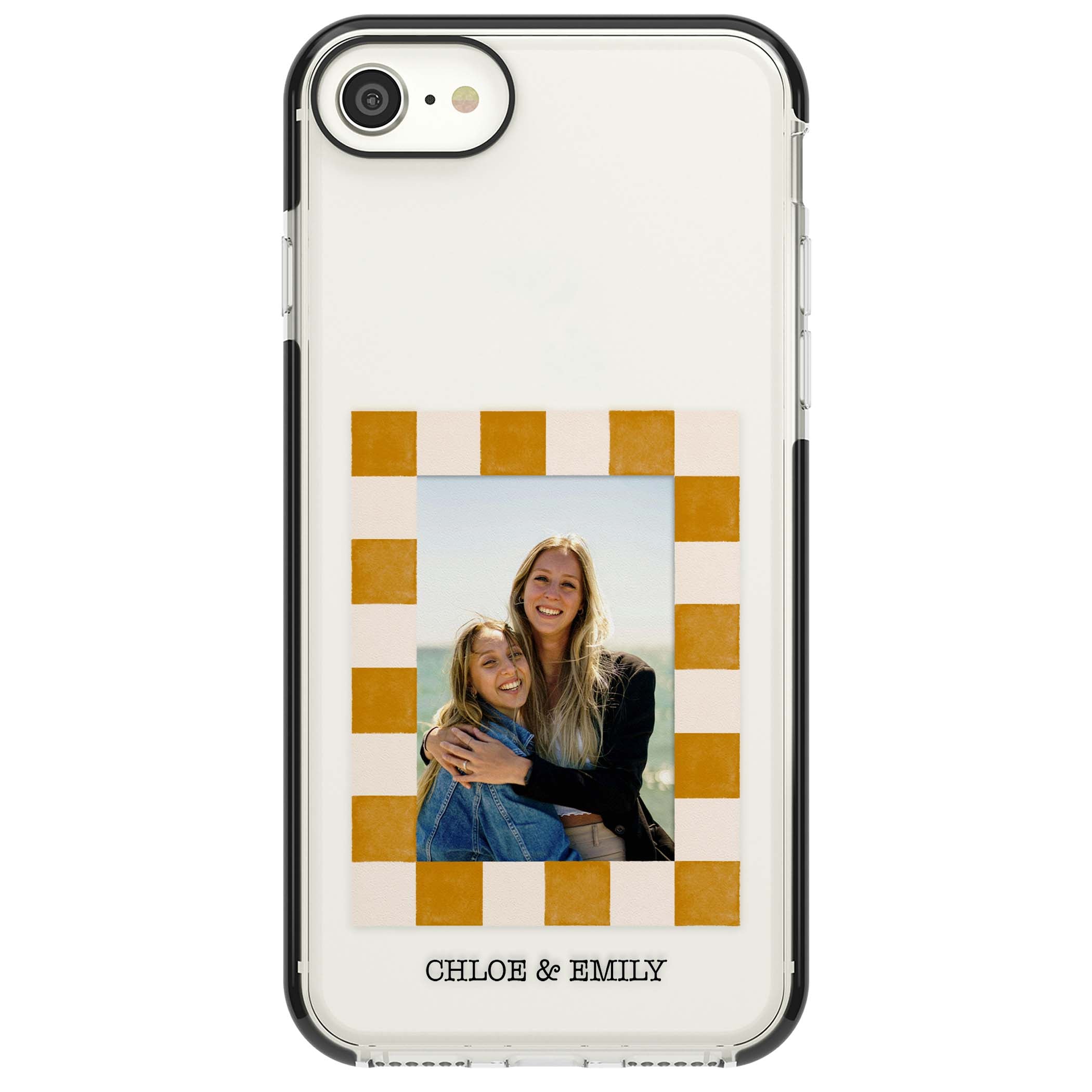 Citrus Check Photo personalised iPhone case with custom photo, orange checkered frame and names underneath | Black Impact case for iPhone SE