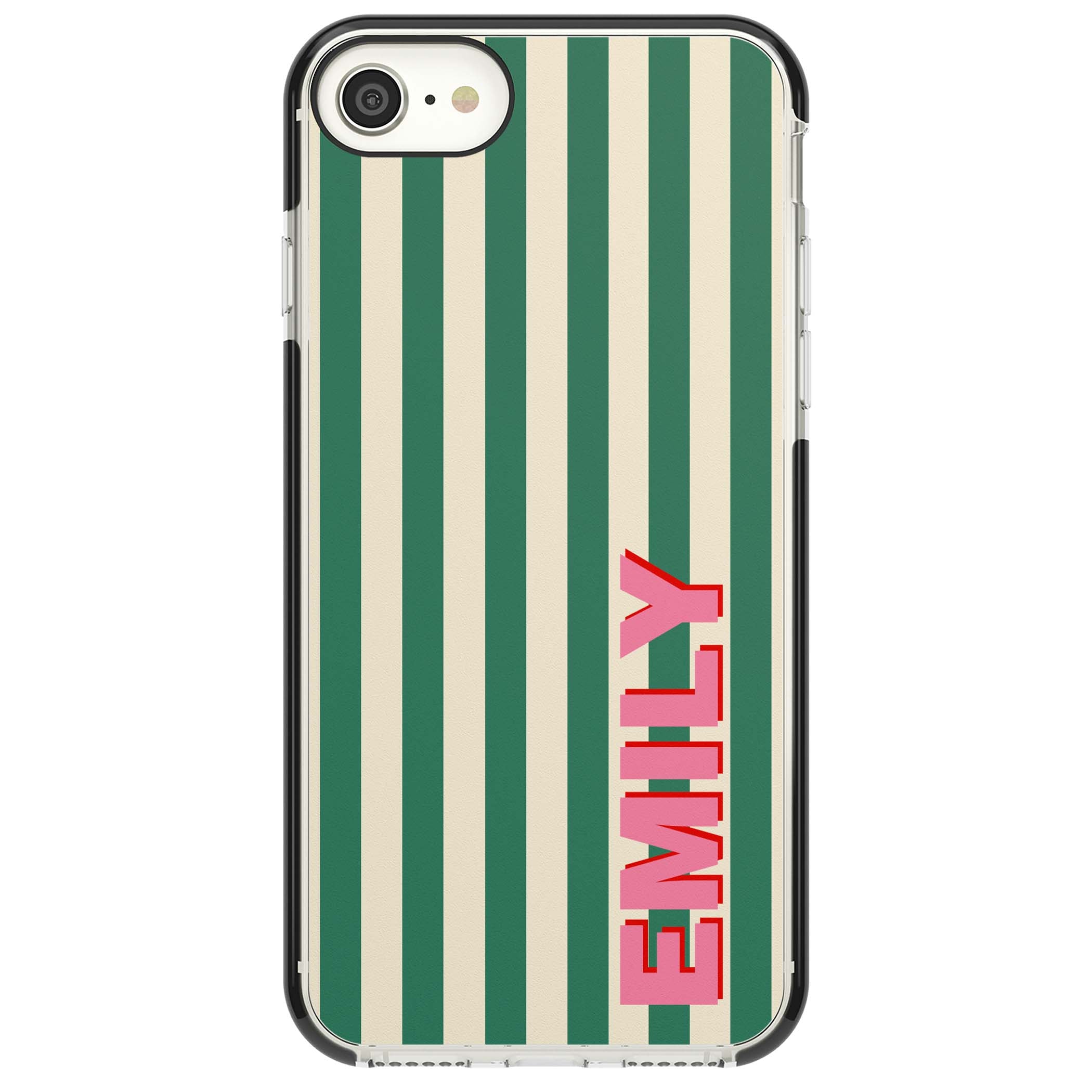 Wimbledon Stripe preppy iPhone case featuring green and cream vertical stripes with a personalised pink name | Black Impact case for iPhone SE