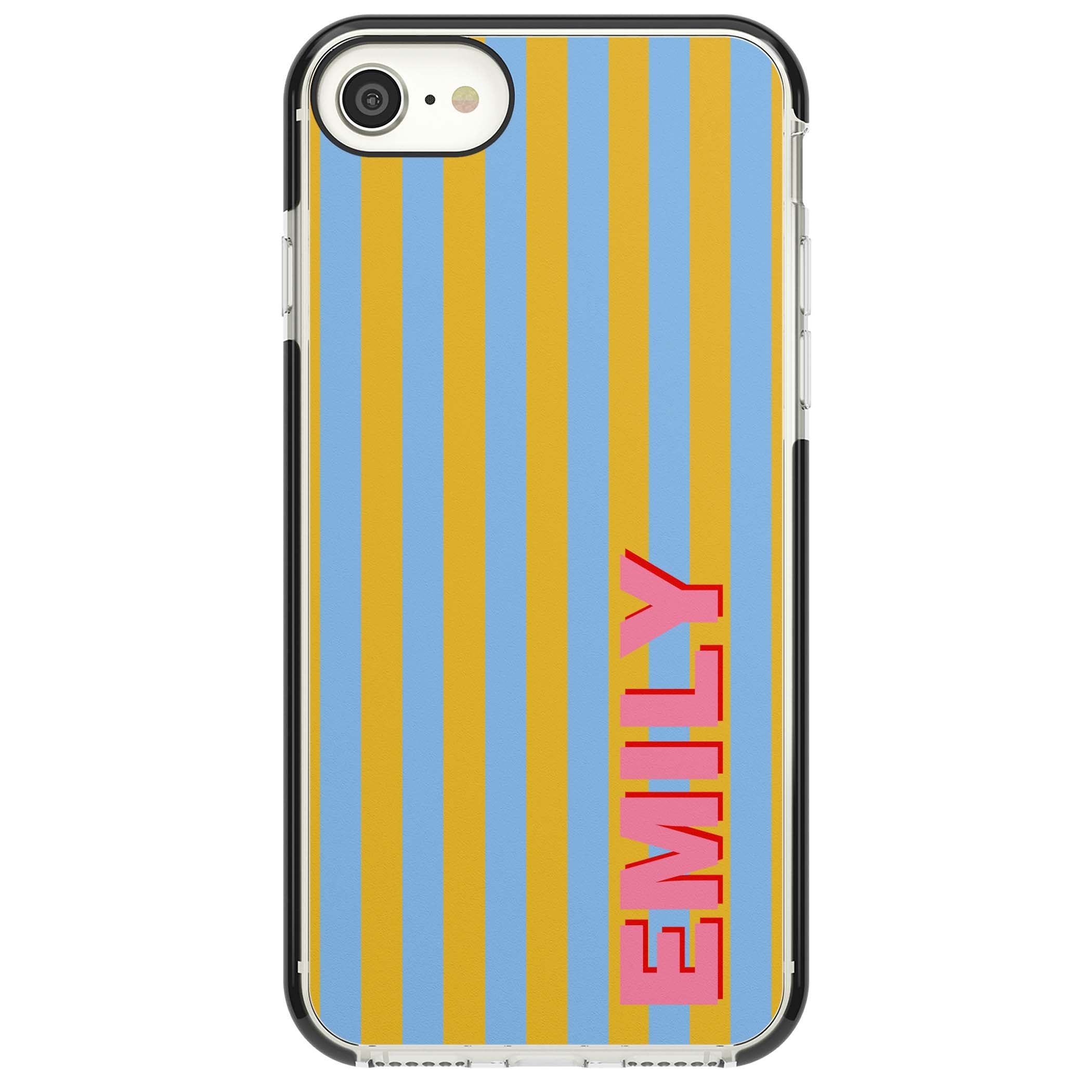 Carribean Stripe personalised coastal iPhone case with yellow and blue vertical stripes and a custom pink name | Black Impact case for iPhone SE