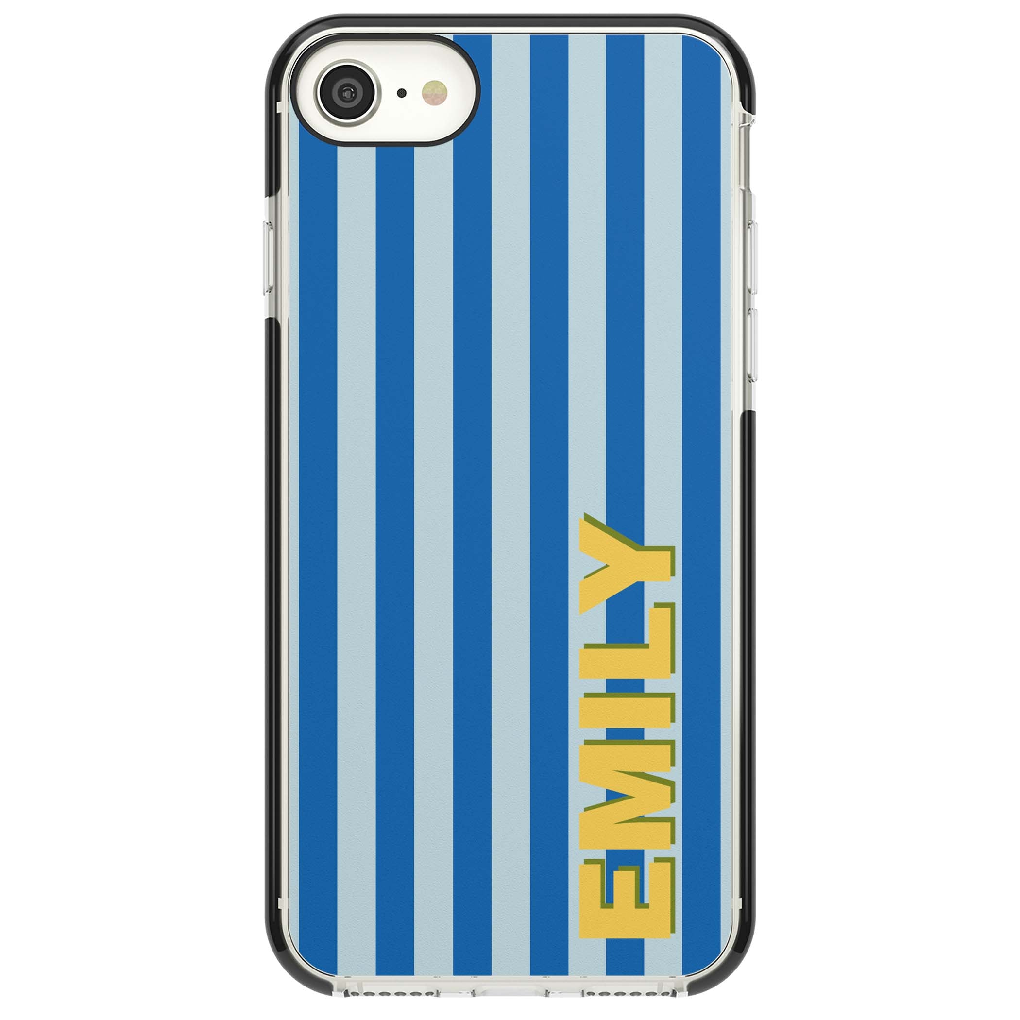 Athenian Stripe personalised preppy iPhone case featuring blue vertical stripes and a custom yellow name | Black Impact case for iPhone SE