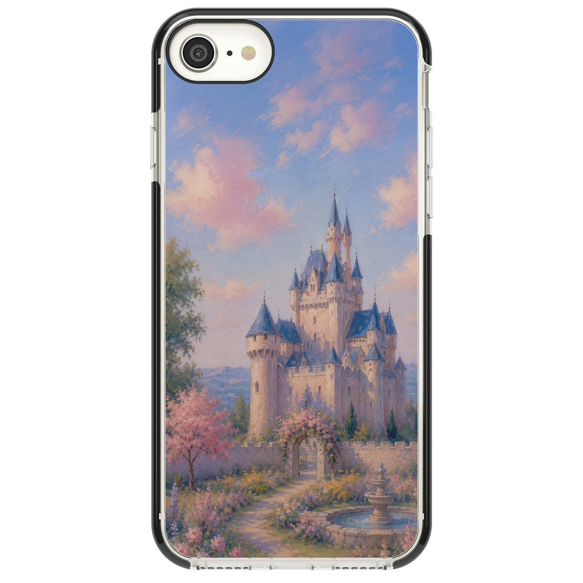 Enchanted Kingdom fairytale iPhone case featuring a romantic castle painting with cherry blossoms and pastel pink sky | Black Impact case for iPhone SE