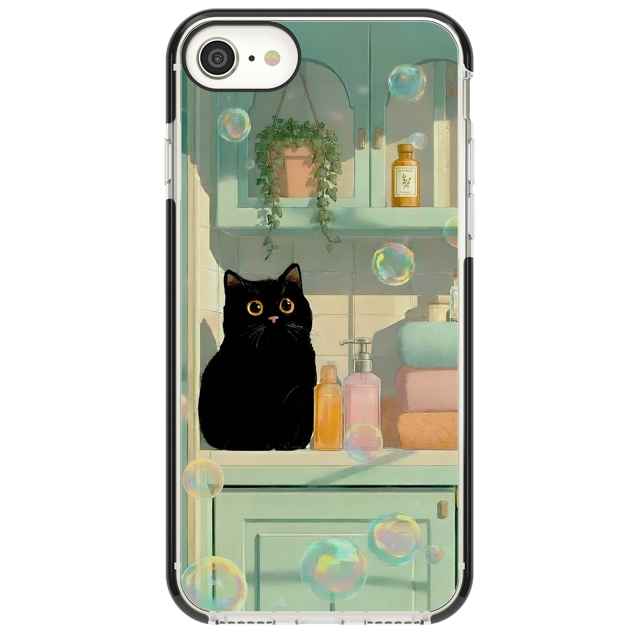 Bathroom Bubble Kitty cottagecore iPhone case featuring a black cat, mint bathroom scene and floating soap bubbles | Black Impact case for iPhone SE