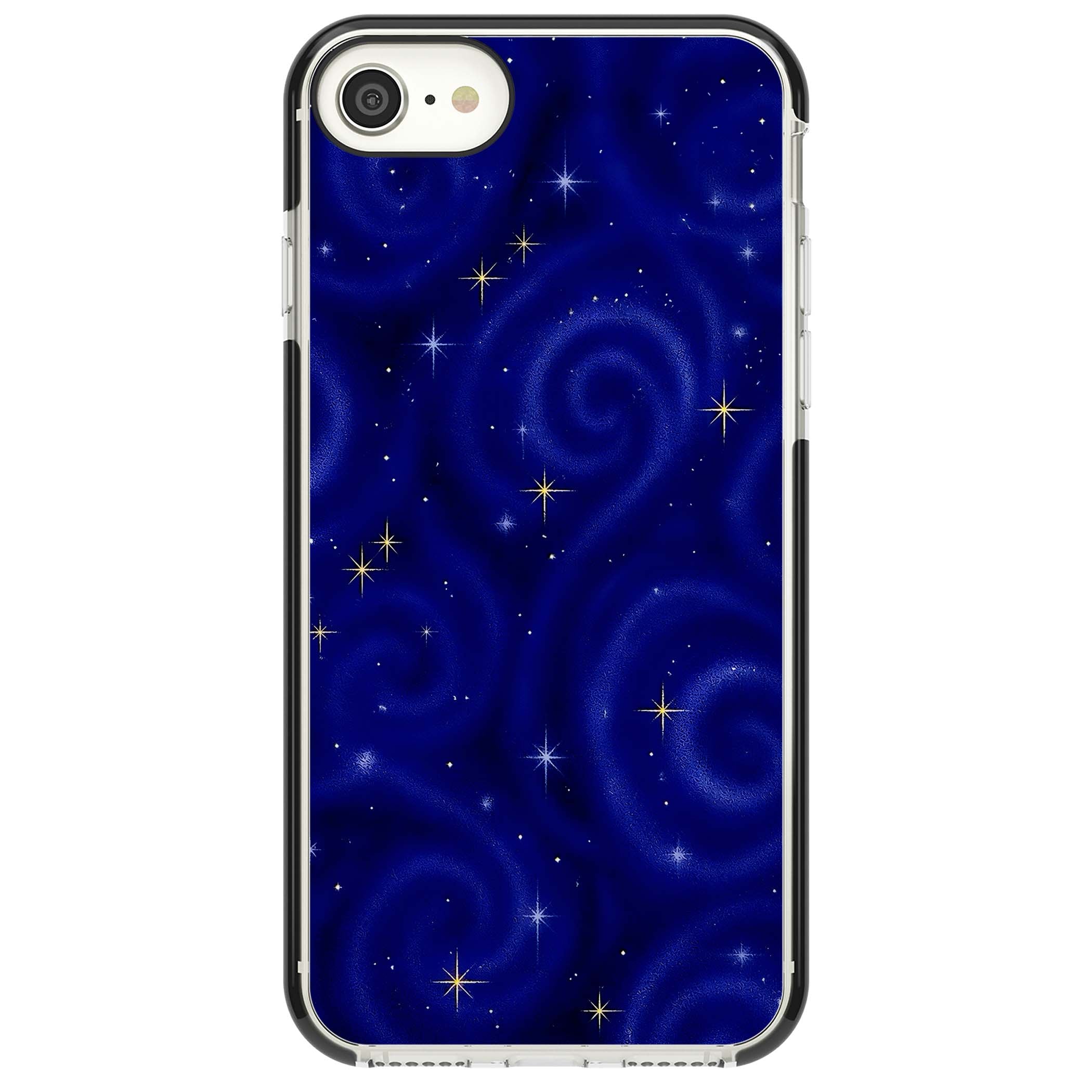 Indigo Cosmos celestial iPhone case featuring swirling navy night sky and sparkling golden stars | Black Impact case for iPhone SE