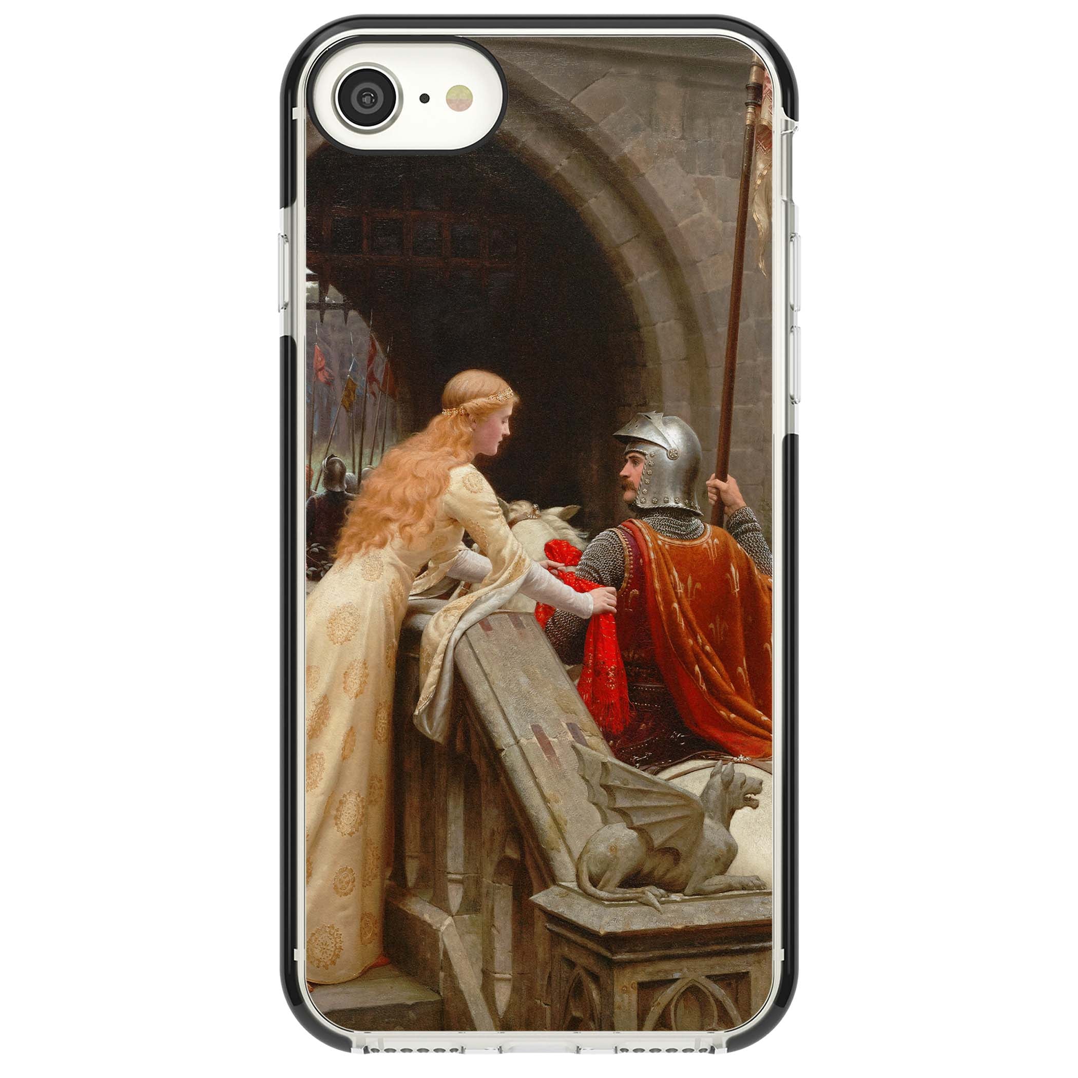 God Speed fine art iPhone case featuring Edmund Blair Leighton's medieval knight and lady beneath a stone archway | Black Impact case for iPhone SE