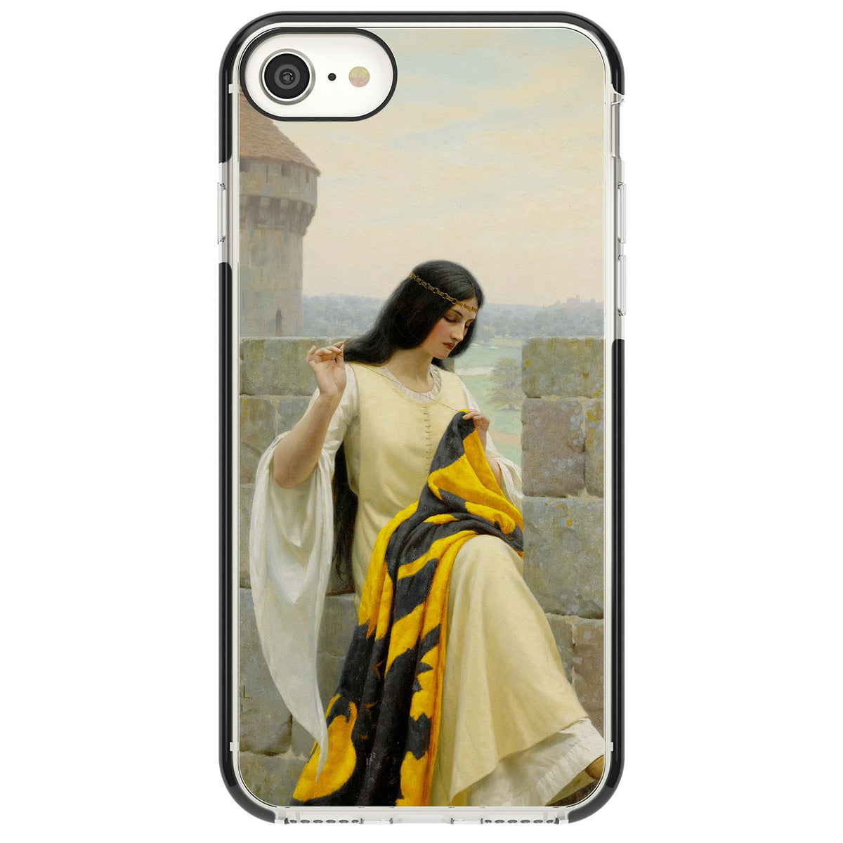 Stitching the Standard renaissance art iPhone case featuring a medieval lady sewing a golden banner on a castle wall | Black Impact case for iPhone SE