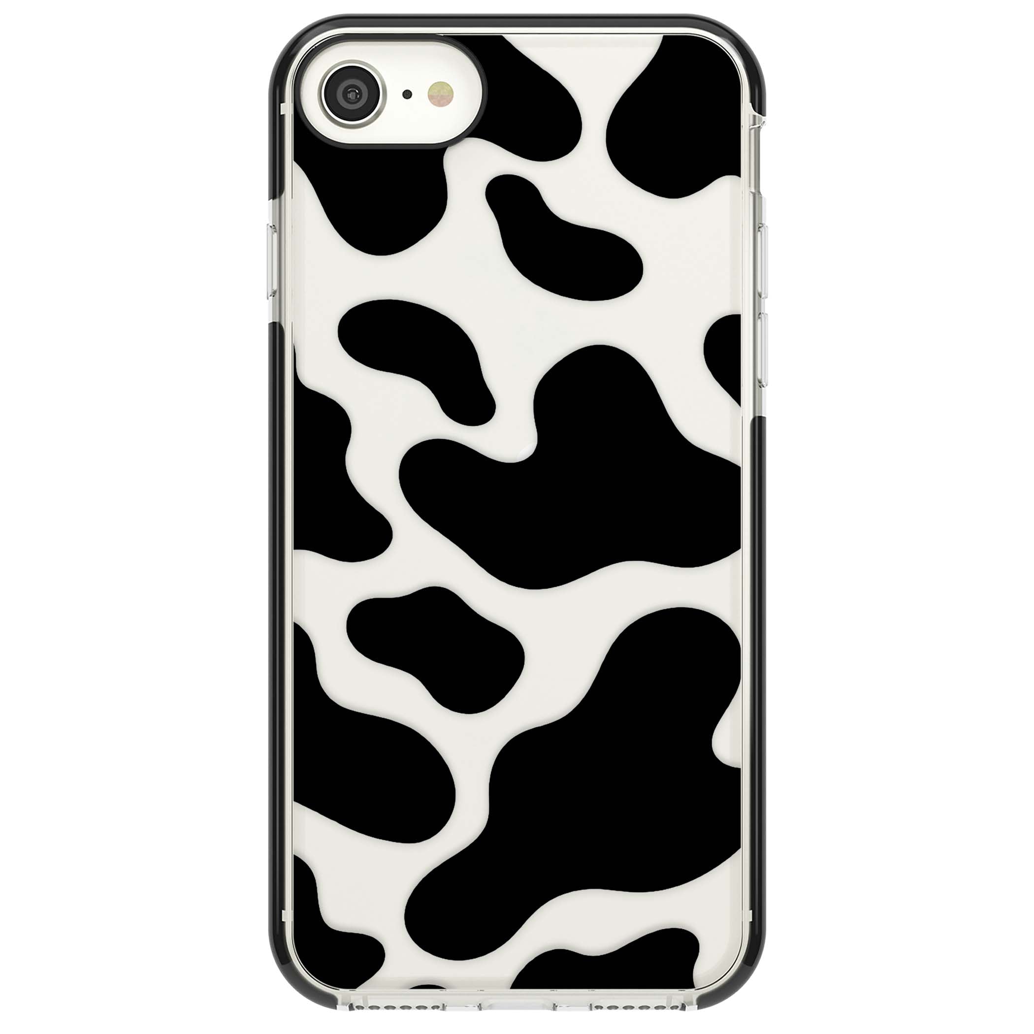 Clear Cow Print cow print iPhone case featuring black and white cow pattern splotches on a clear background | Black Impact case for iPhone SE