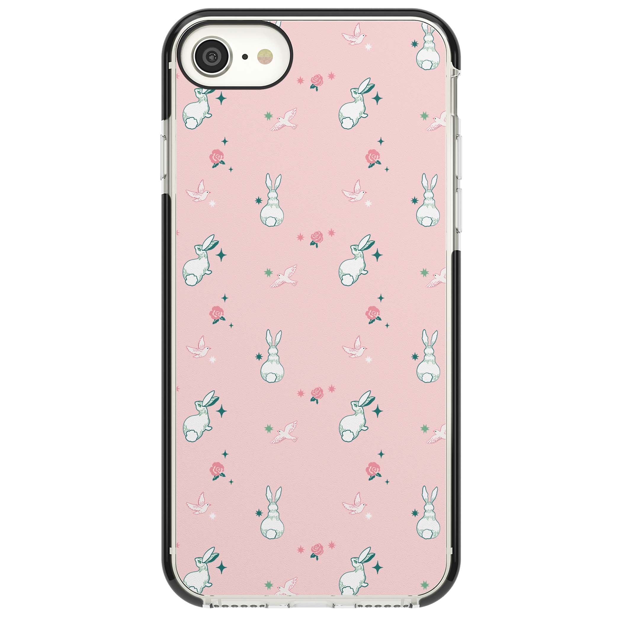 Bunny Garden kawaii iPhone case featuring white rabbits, pink roses, doves and stars on pink background | Black Impact case for iPhone SE