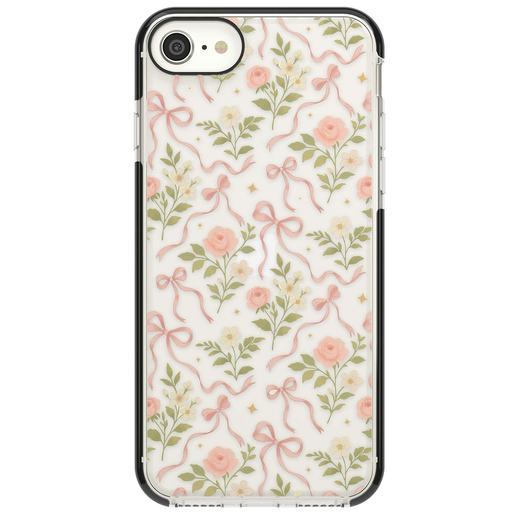 Ribbon Garden coquette iPhone case featuring pink bows, peach roses and wildflowers on white background | Black Impact case for iPhone SE