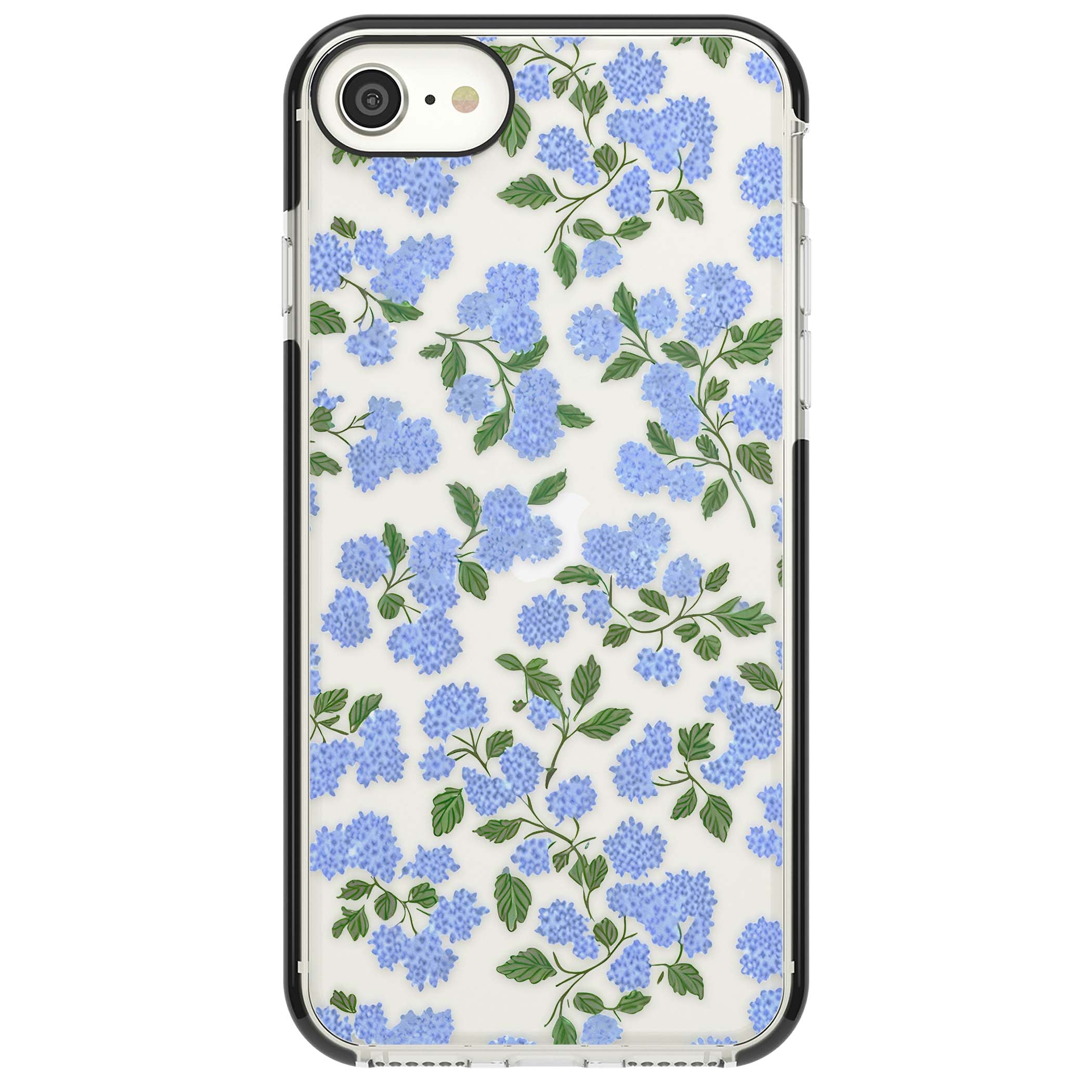 Hydrangea Dreams cottagecore iPhone case featuring soft blue hydrangea flower clusters and green leaves | Black Impact case for iPhone SE