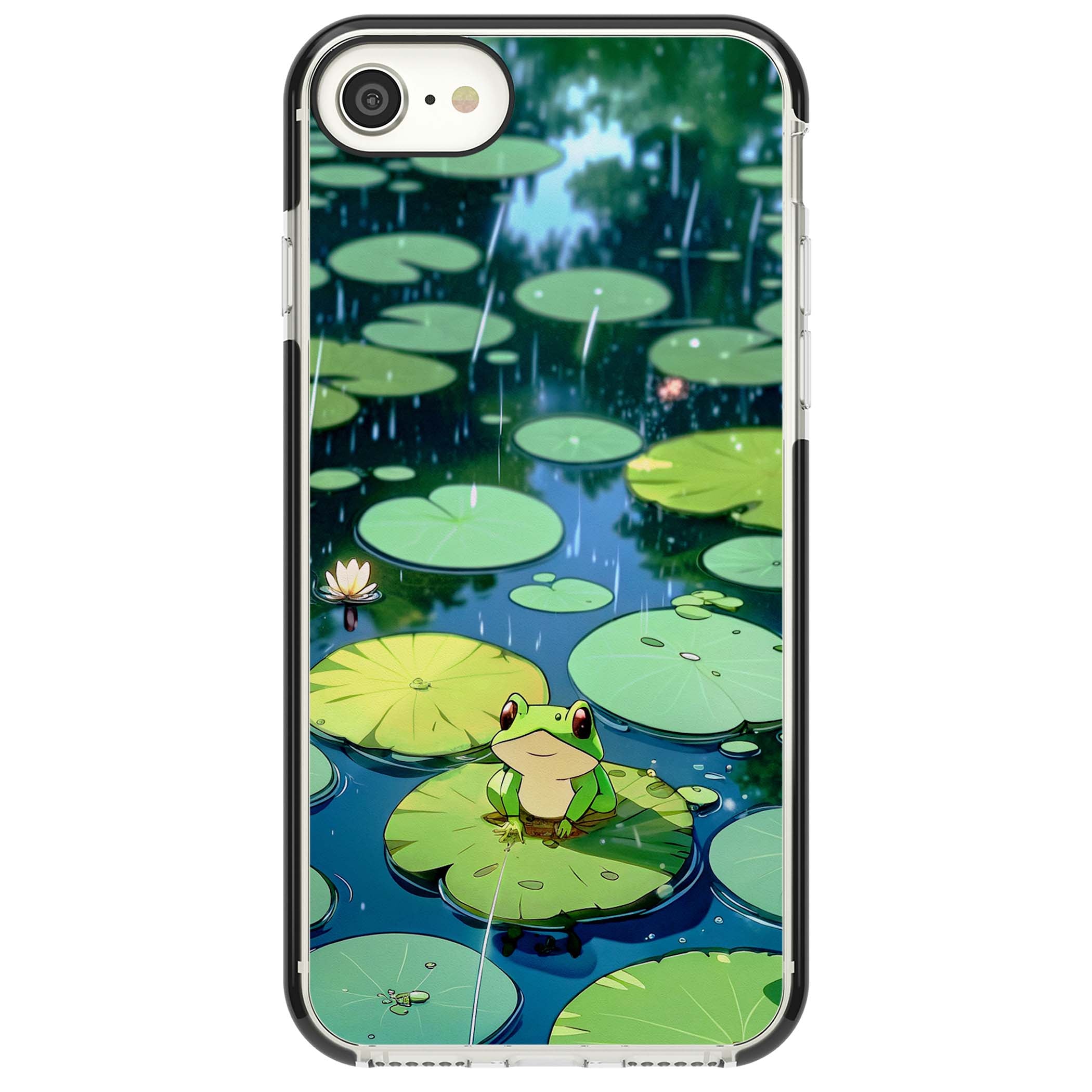 Frog In Lily Pond cottagecore iPhone case featuring a cute green frog on a lily pad with falling rain and a lotus flower | Black Impact case for iPhone SE