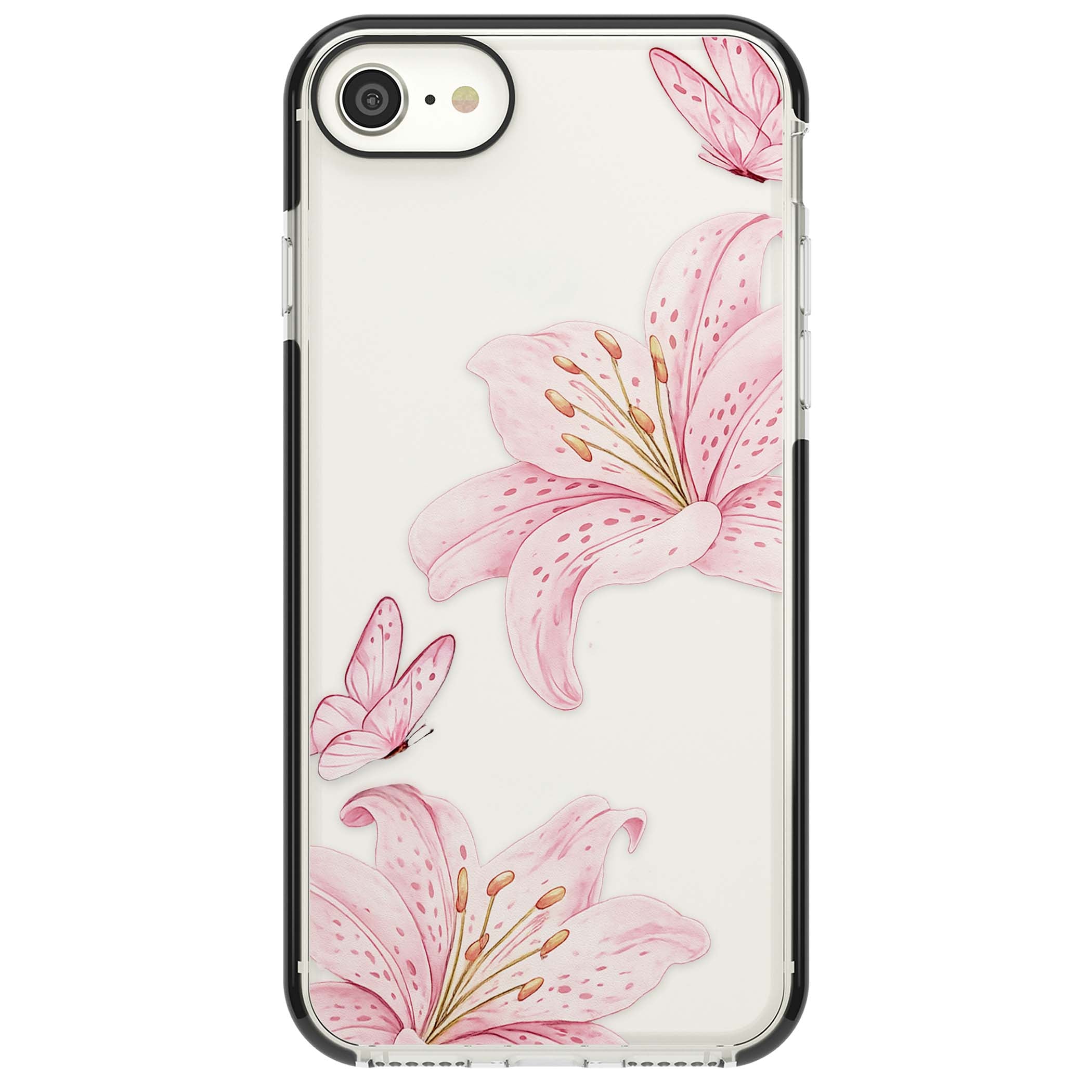 Lily Whisper floral iPhone case featuring pink watercolour lilies and delicate butterflies on a clear background | Black Impact case for iPhone SE