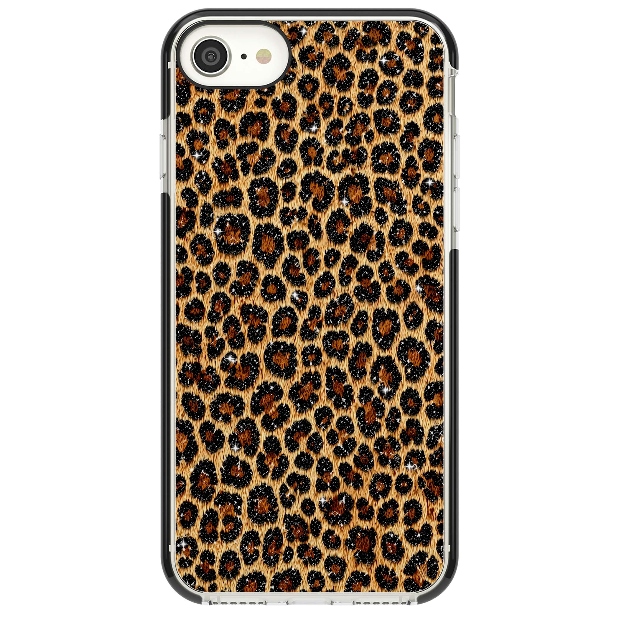 Diamond Leopard leopard print iPhone case featuring golden tan fur, black rosette spots and subtle glitter sparkle | Black Impact case for iPhone SE