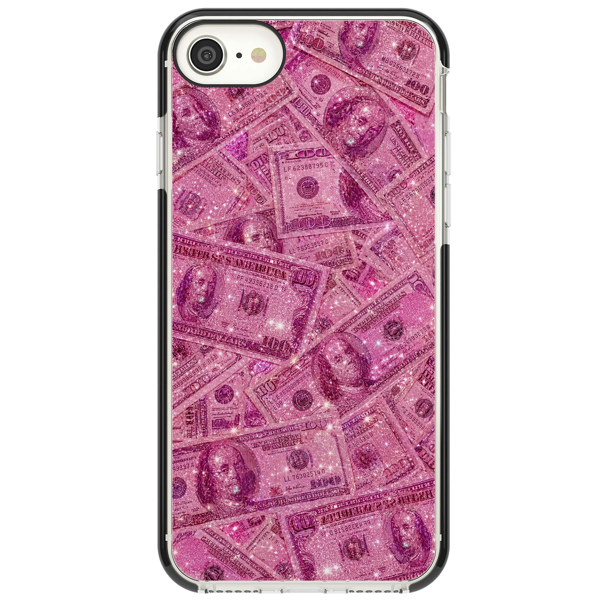 Glamorous baddie iPhone case featuring pink glitter hundred dollar bills and sparkling money wallpaper design | Black Impact case for iPhone SE
