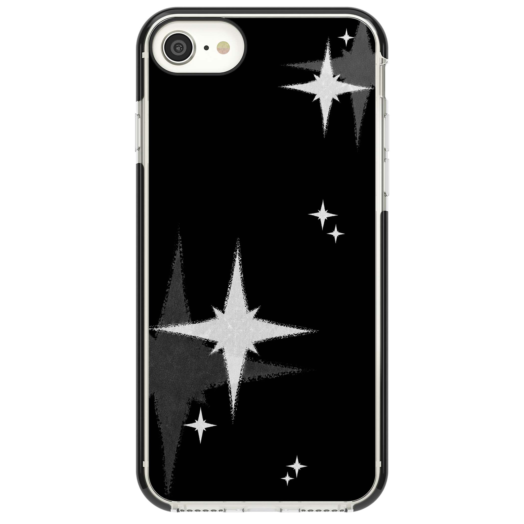 Black Sparkle celestial iPhone case featuring white sparkle stars on a black night sky background | Black Impact case for iPhone SE