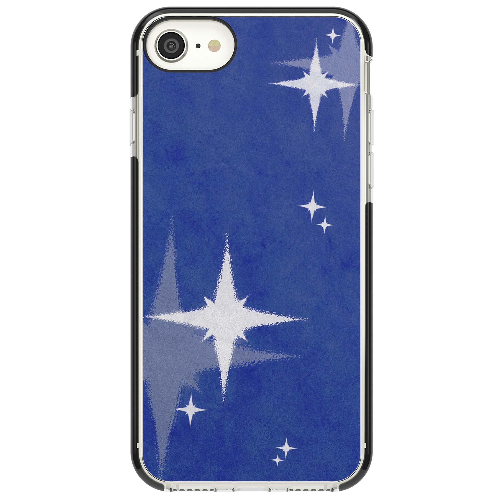 Blue Sparkle celestial iPhone case featuring sparkling silver stars on a deep blue painterly night sky | Black Impact case for iPhone SE