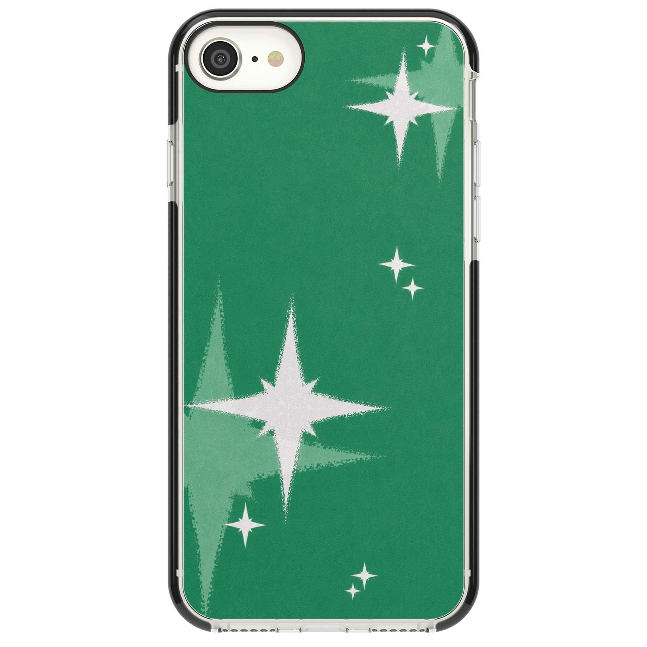 Green Sparkle celestial iPhone case featuring sparkling white four-point stars on a deep green background | Black Impact case for iPhone SE