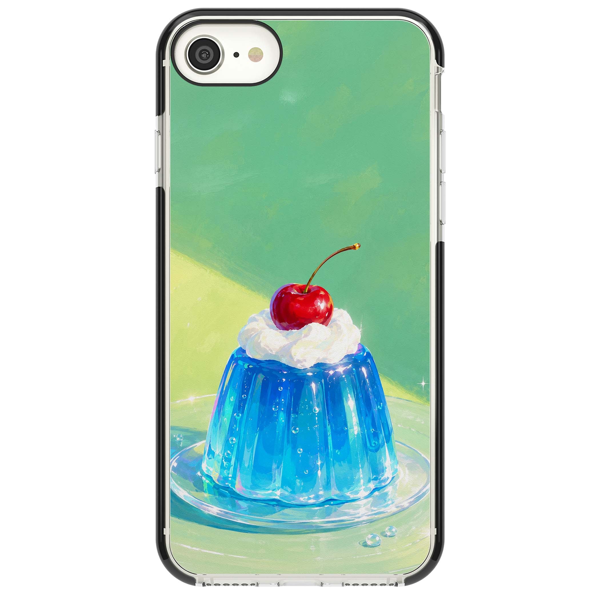 Cherry Jelly kawaii dessert iPhone case featuring blue jelly pudding, whipped cream and a red cherry | Black Impact case for iPhone SE