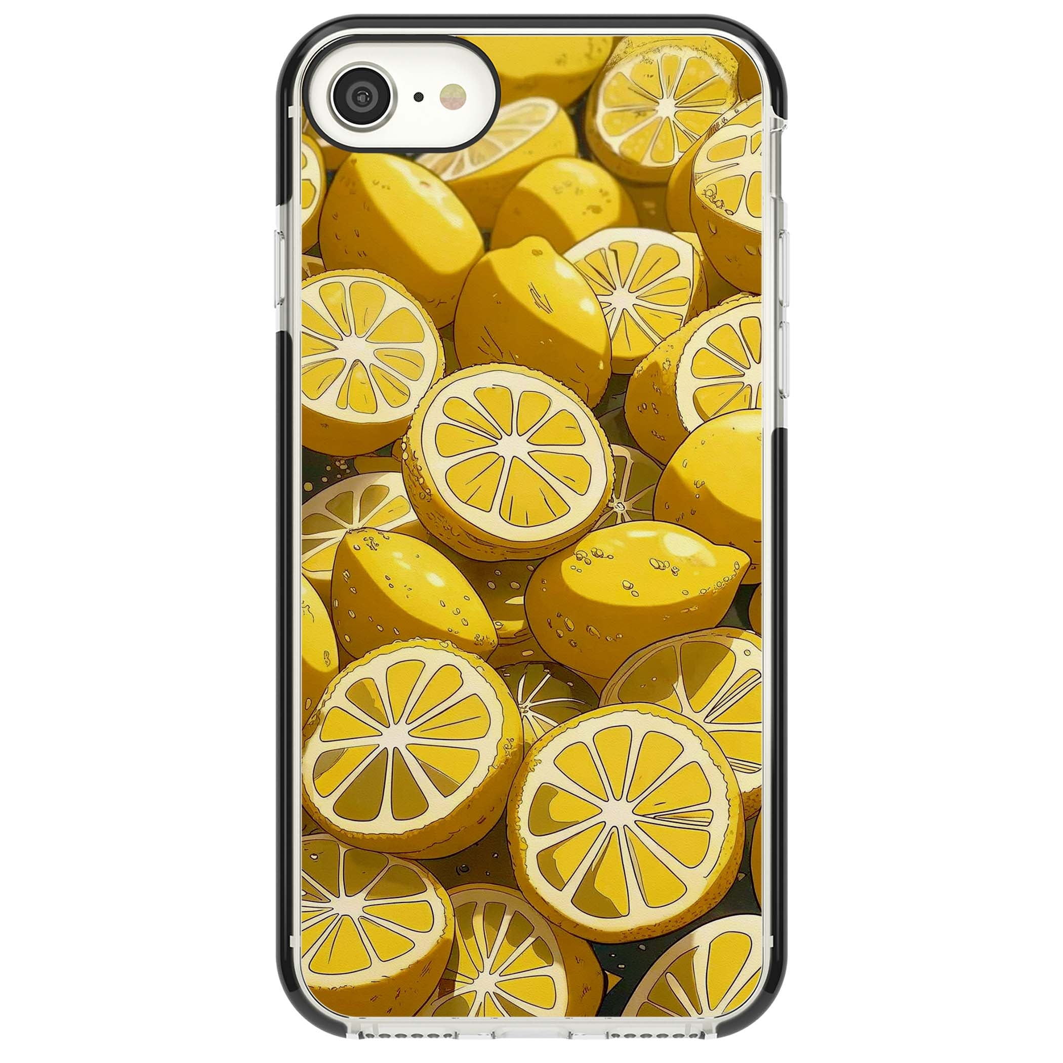 Zesty coastal iPhone case featuring illustrated Mediterranean lemons and citrus slices in golden yellow | Black Impact case for iPhone SE