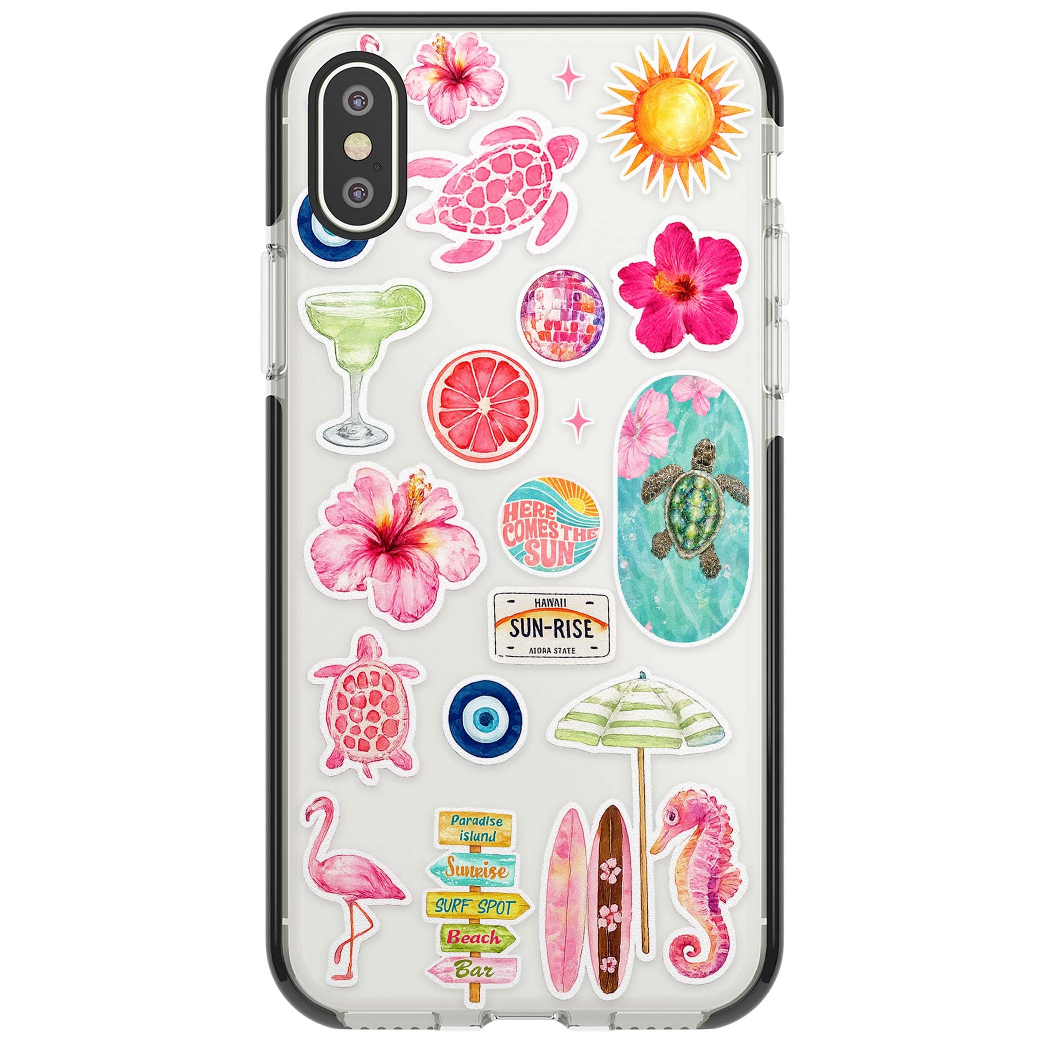 Aloha Sticker Mix tropical summer iPhone case featuring pink hibiscus, sea turtles, flamingo and beach umbrella stickers | Black Impact case for iPhone X, iPhone XS Max, iPhone XR
