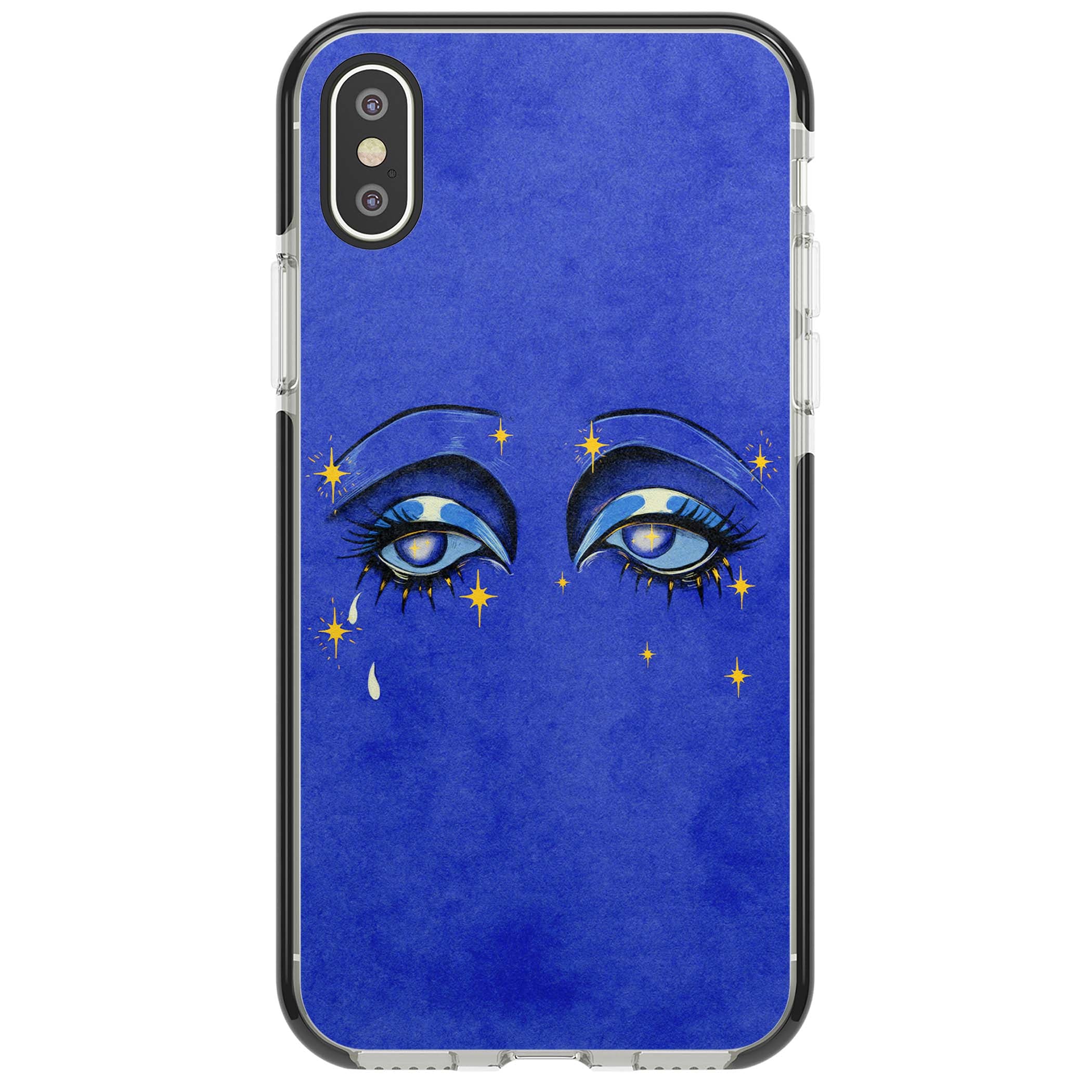 Blue Mystic Eyes celestial iPhone case featuring hand drawn blue mystical eyes, golden stars and a painted tear on indigo | Black Impact case for iPhone X, iPhone XS Max, iPhone XR
