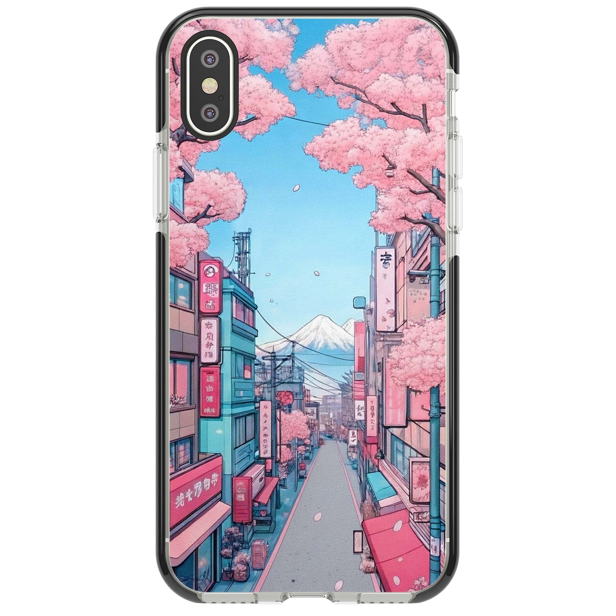 Sakura Lane anime iPhone case featuring Tokyo street scene with cherry blossoms and Mount Fuji | Black Impact case for iPhone X, iPhone XS Max, iPhone XR