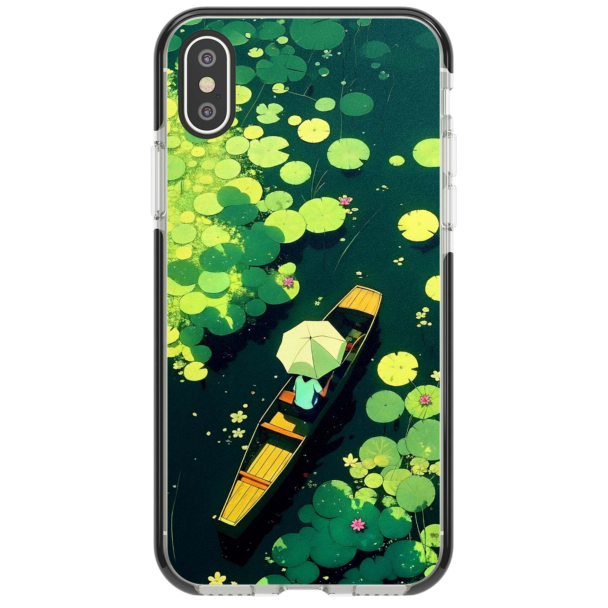 Jade Waters cottagecore iPhone case featuring a painted lily pond, wooden boat with parasol and floating water lilies | Black Impact case for iPhone X, iPhone XS Max, iPhone XR