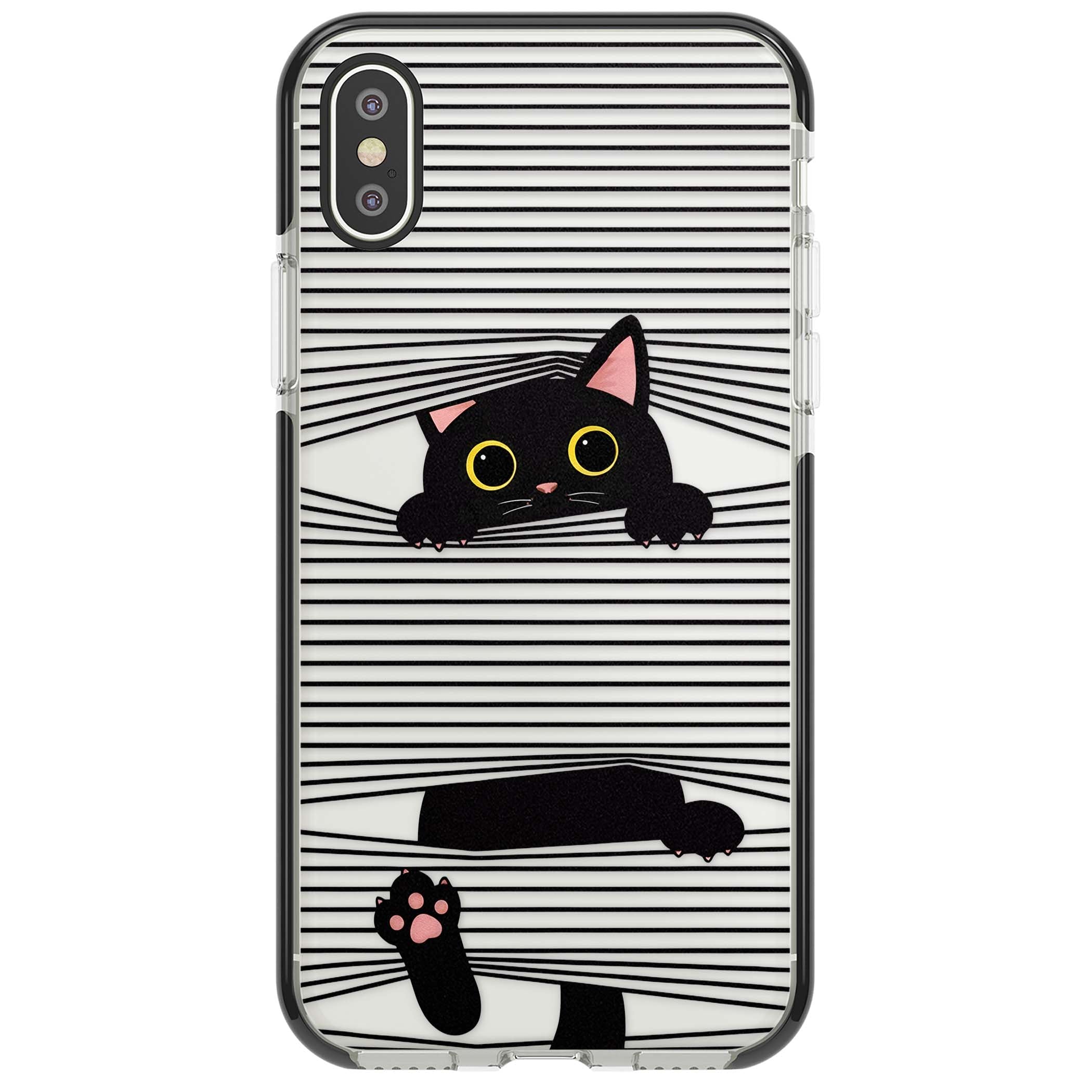 Peek-a-Boo Cat minimal iPhone case featuring black cat peeking through horizontal black and white stripes | Black Impact case for iPhone X, iPhone XS Max, iPhone XR